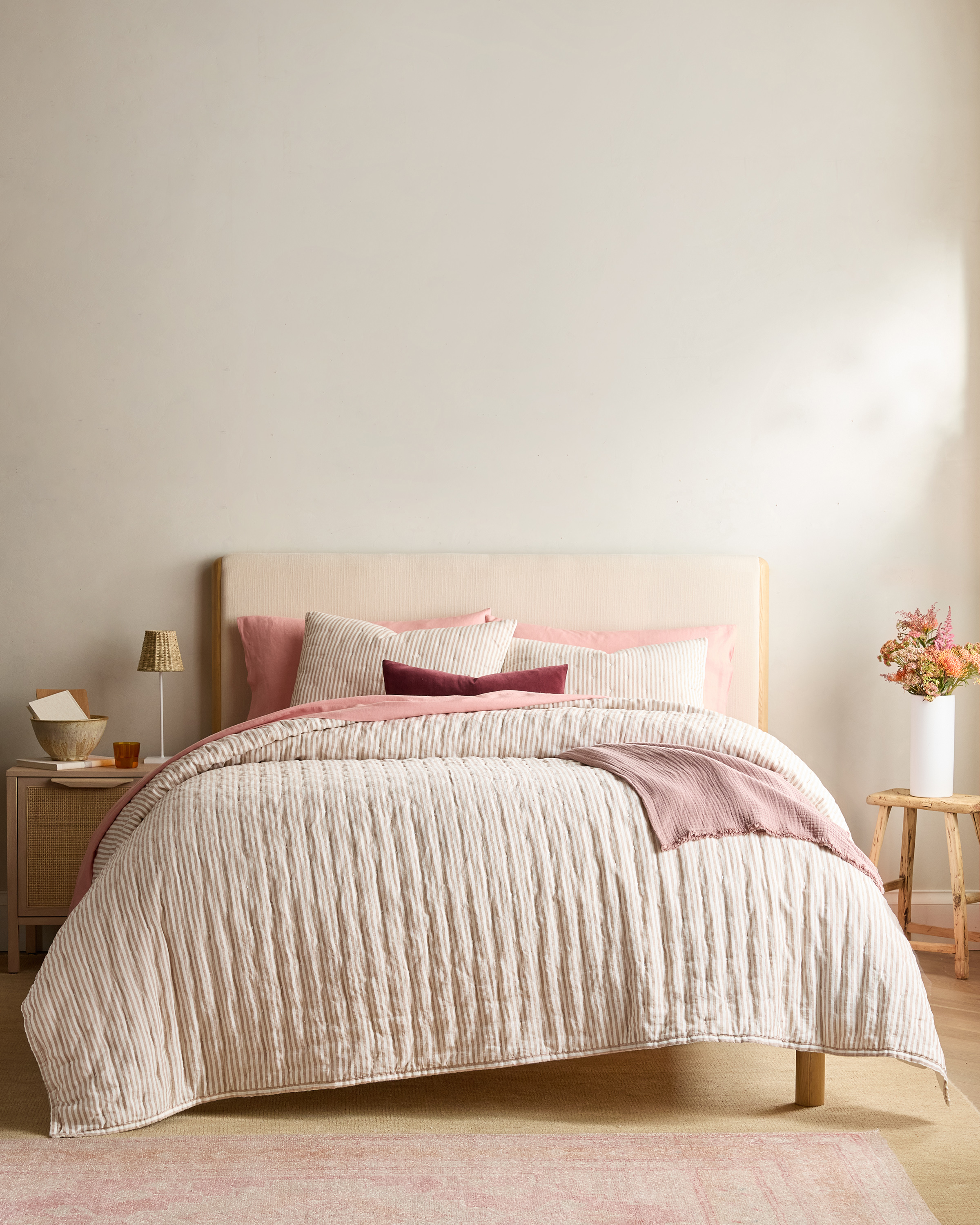 Latte/White Stripe European Linen Patterned Quilt Set