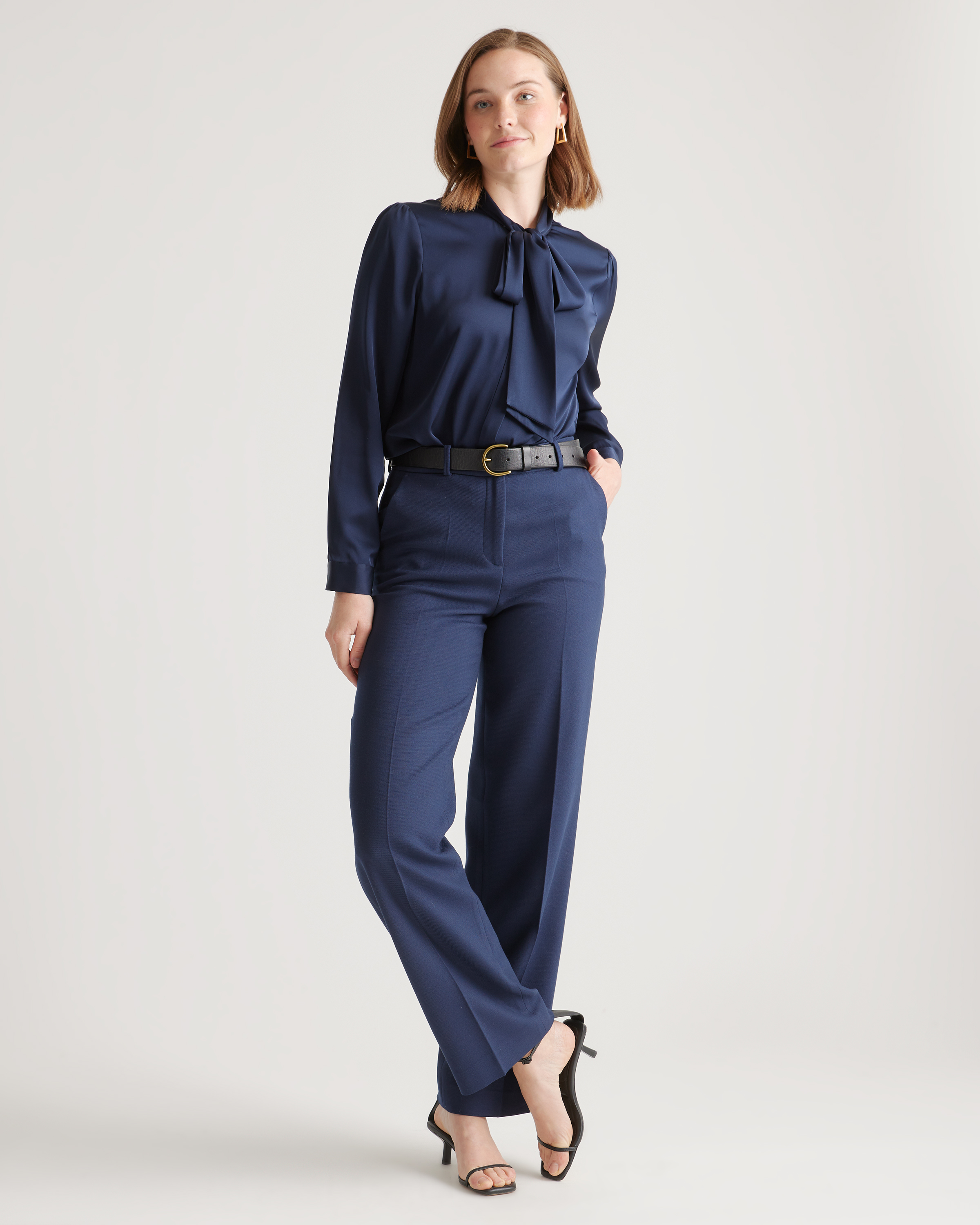 Washable Stretch Silk Tie Neck Blouse