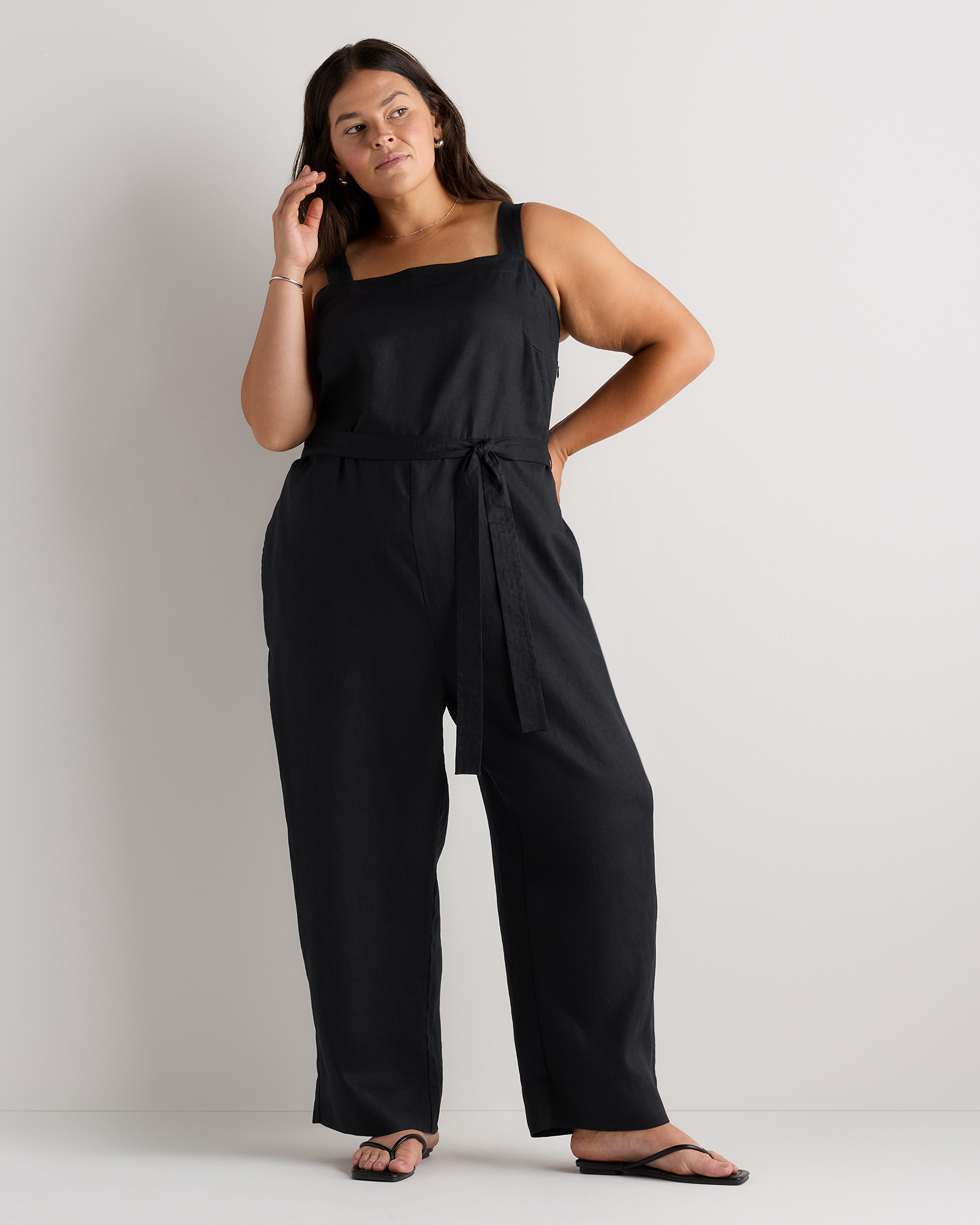 Black 100% European Linen Square Neck Jumpsuit