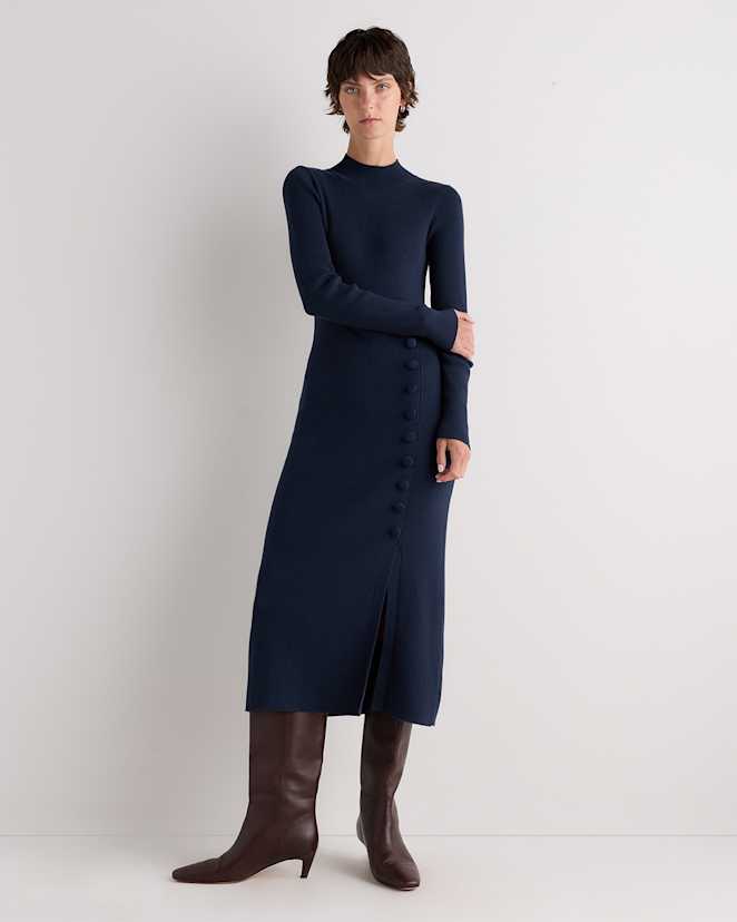 Atlas Navy Cotton Cashmere Side Slit Midi Dress