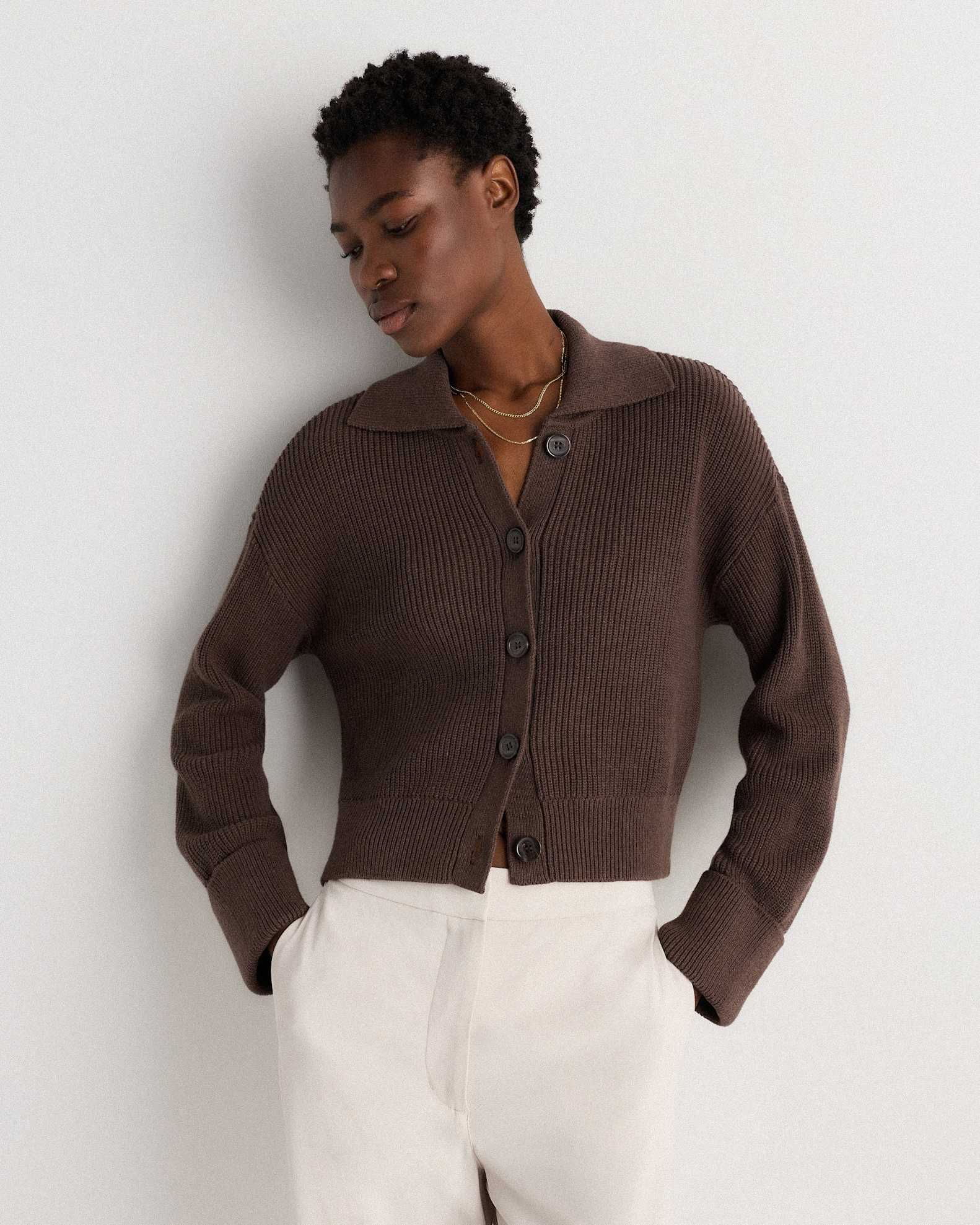 Women's Fisherman Collared Cardigan Sweater in Heather Brown, Size XL, Organic Cotton by Quince Women's Fisherman Collared Cardigan Sweater in Heather Brown, Size XL, Organic Cotton by Quince