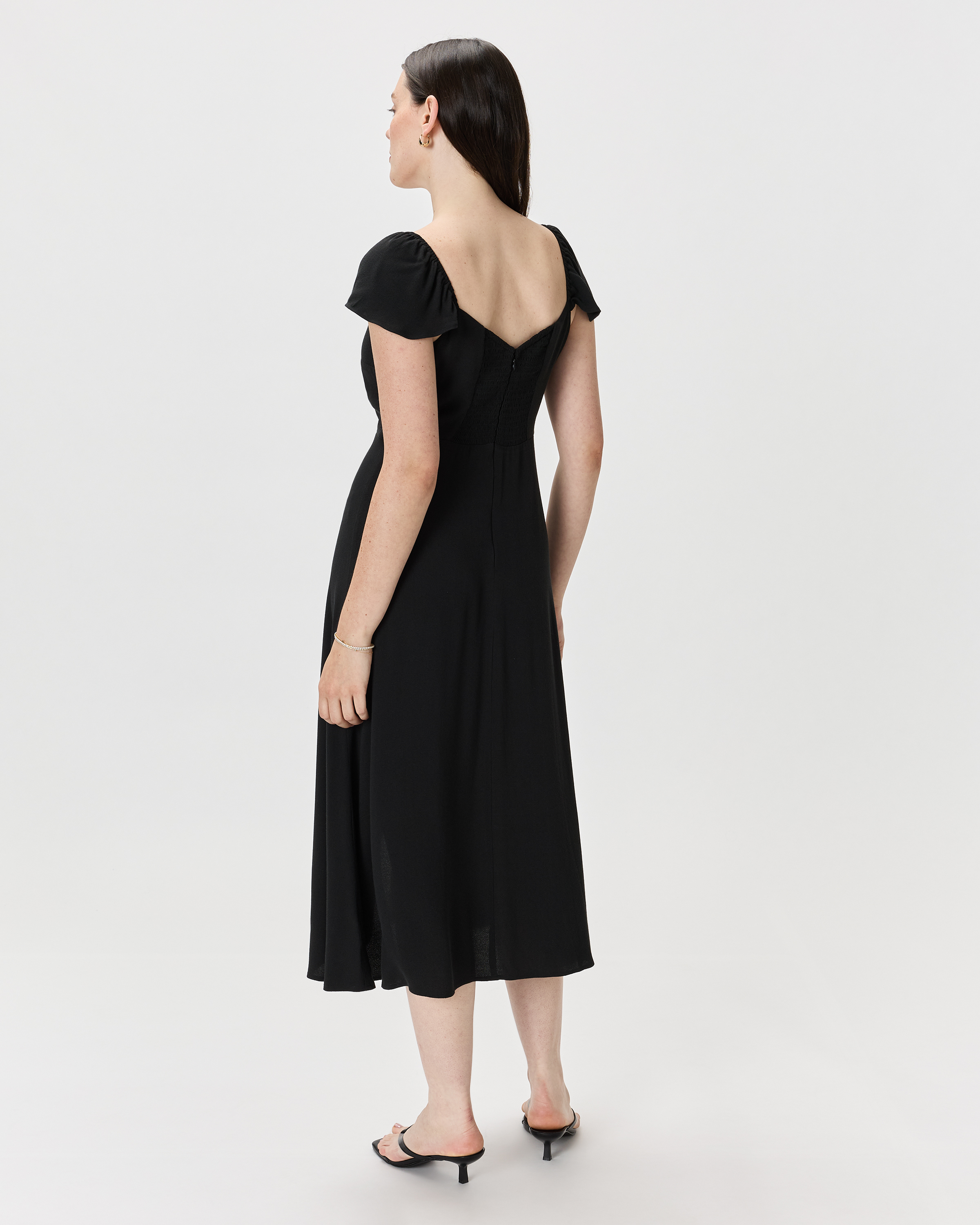 Lightweight Crepe Flutter Sleeve Midi Dress in True Black