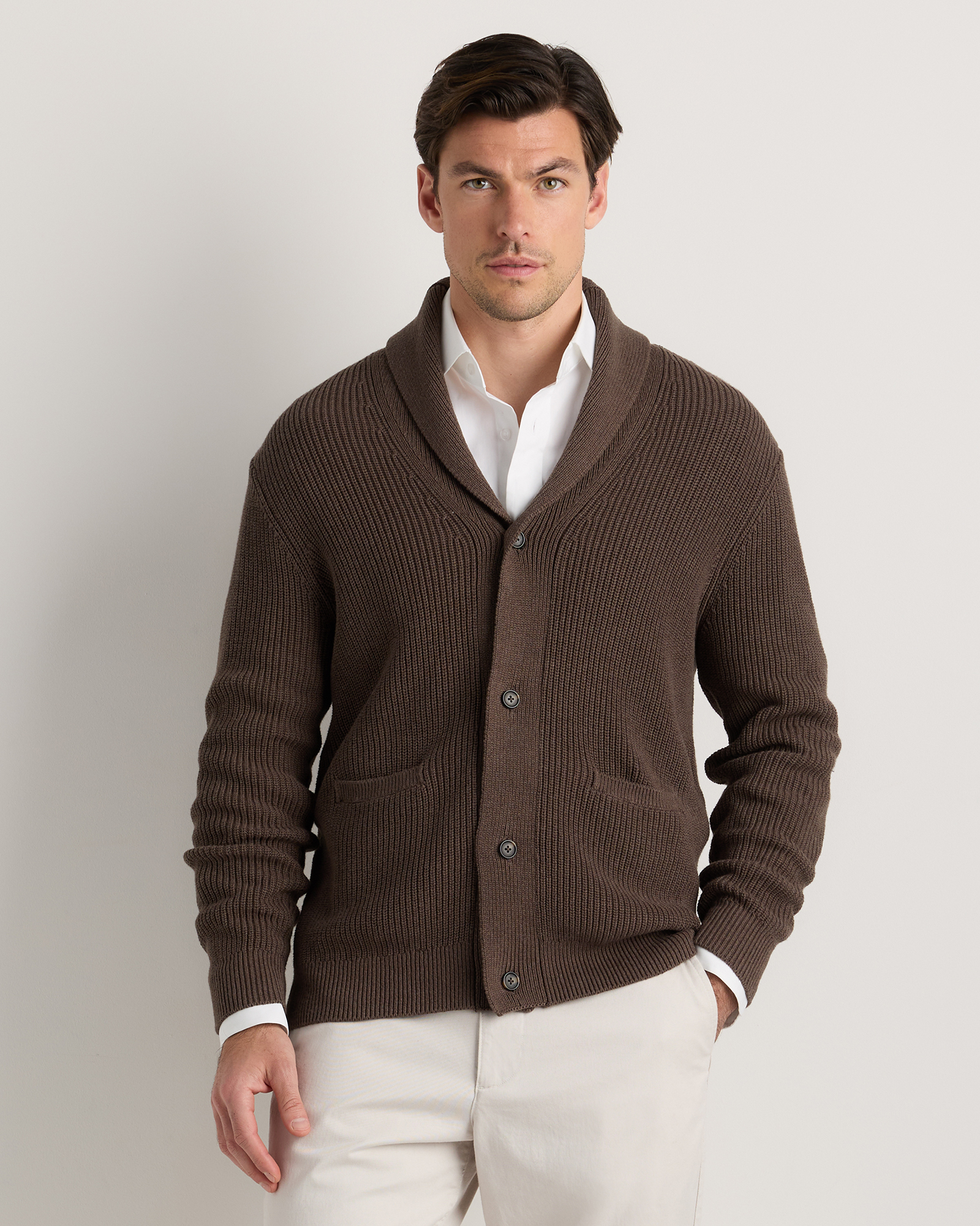 Heather Brown 100% Organic Cotton Ribbed Shawl-Collar Cardigan Sweater