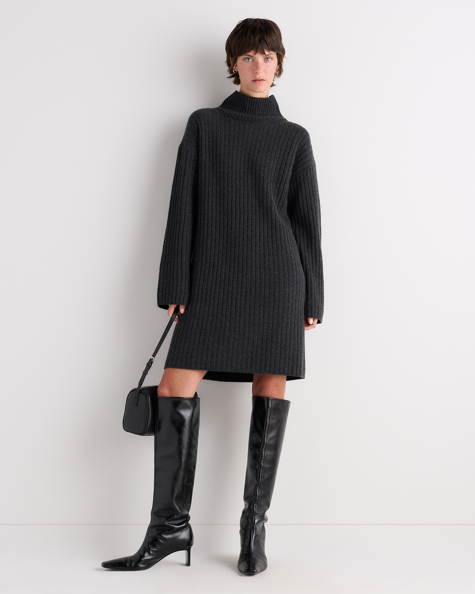 Heather Charcoal Mongolian Cashmere Ribbed Turtleneck Mini Dress