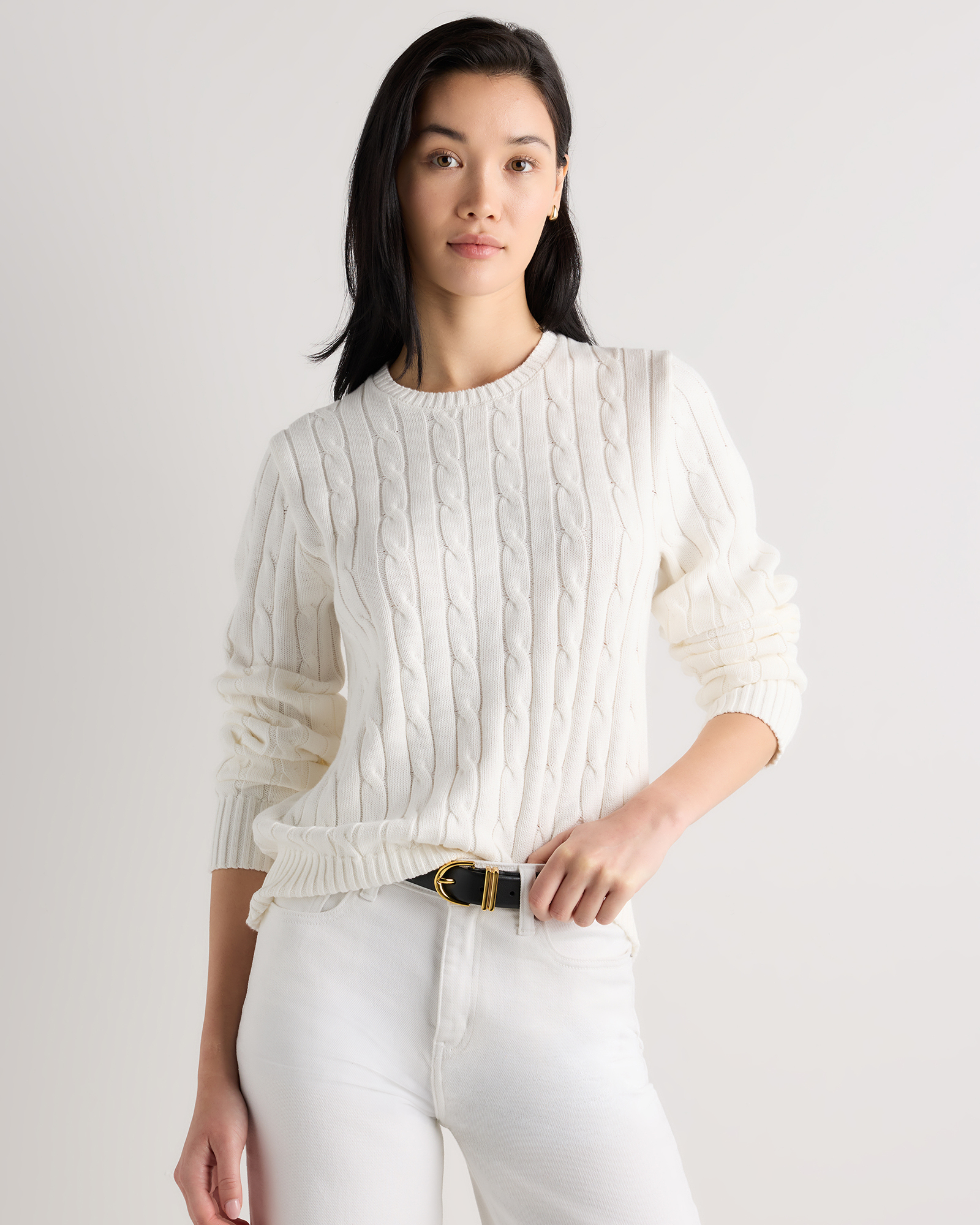 Ivory 100% Organic Cotton Cable Crewneck Sweater