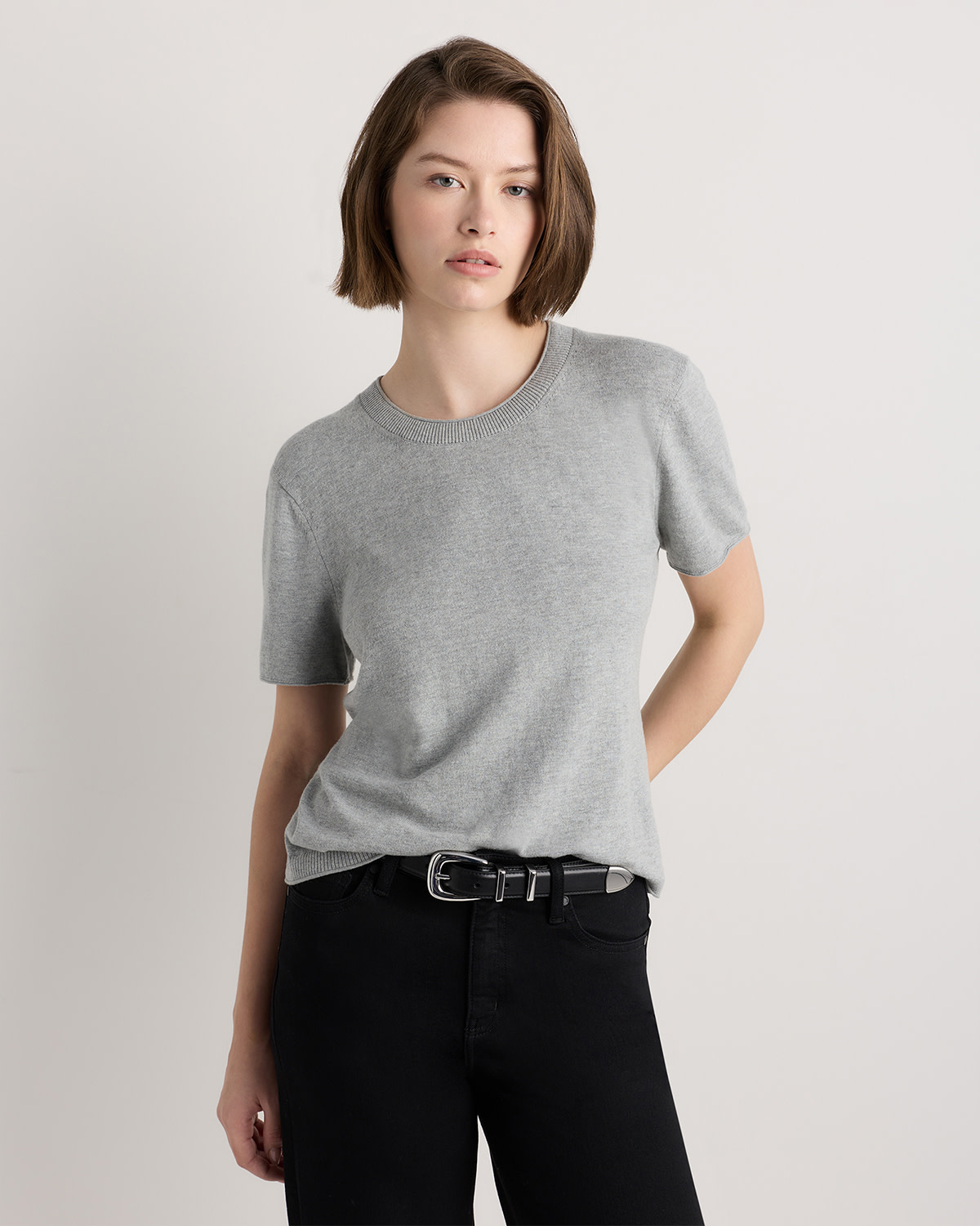 Lightweight Cotton Cashmere Relaxed Sweater Tee in Heather Grey