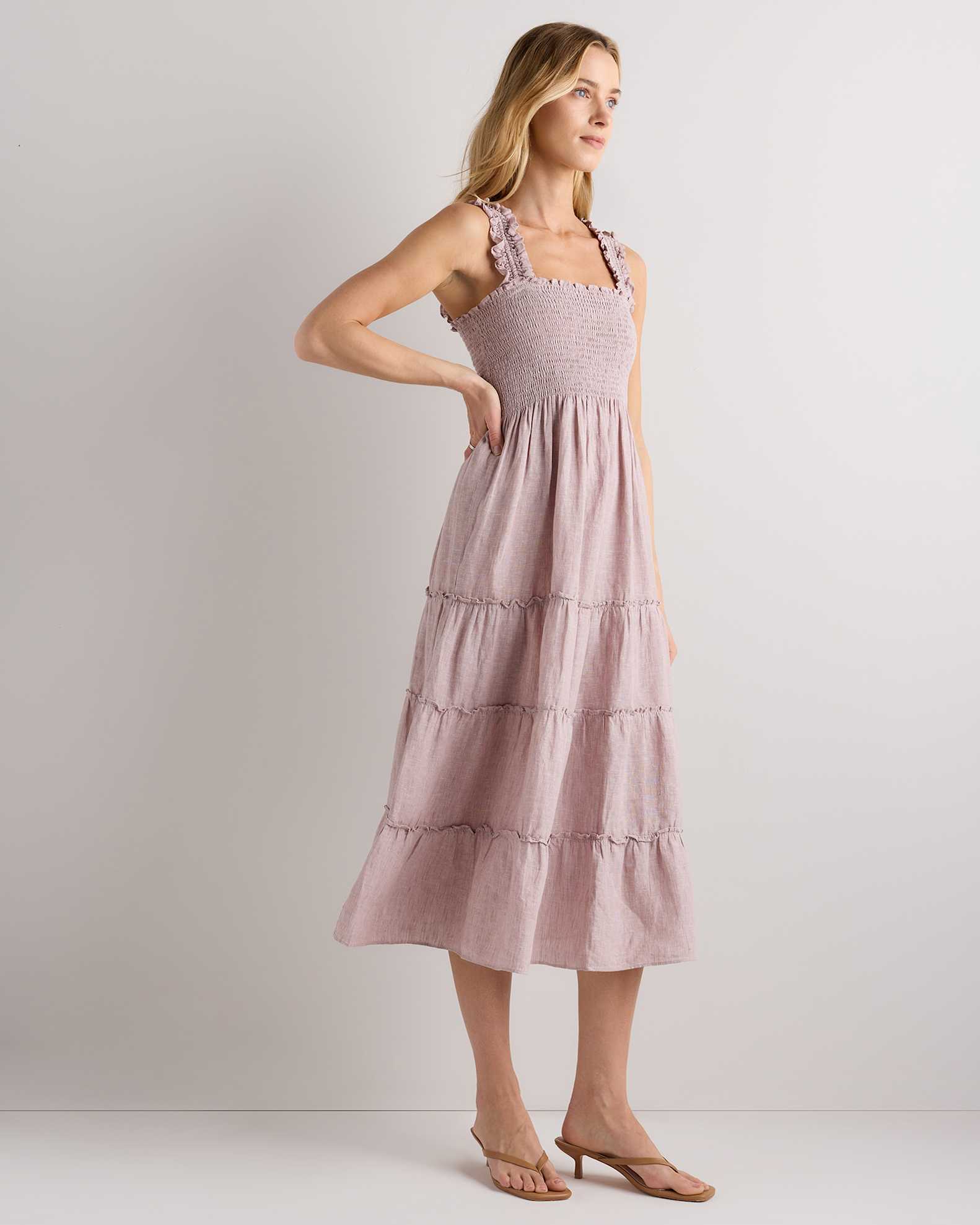 Women's 100% European Linen Smocked Midi Dress in Vintage Pink Chambray, Size XL by Quince Women's 100% European Linen Smocked Midi Dress in Vintage Pink Chambray, Size XL by Quince