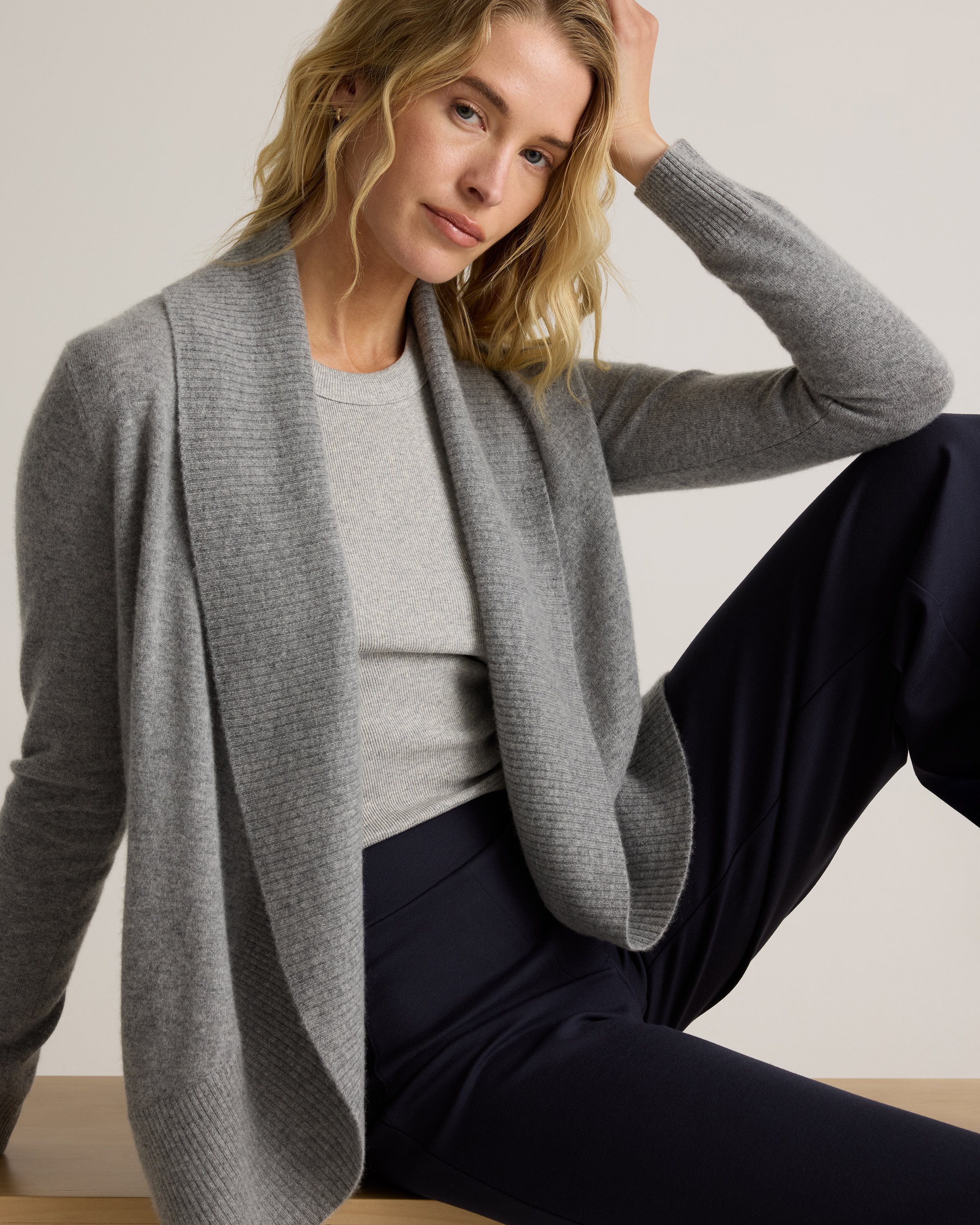 Mongolian Cashmere Open Cardigan Sweater in Heather Grey