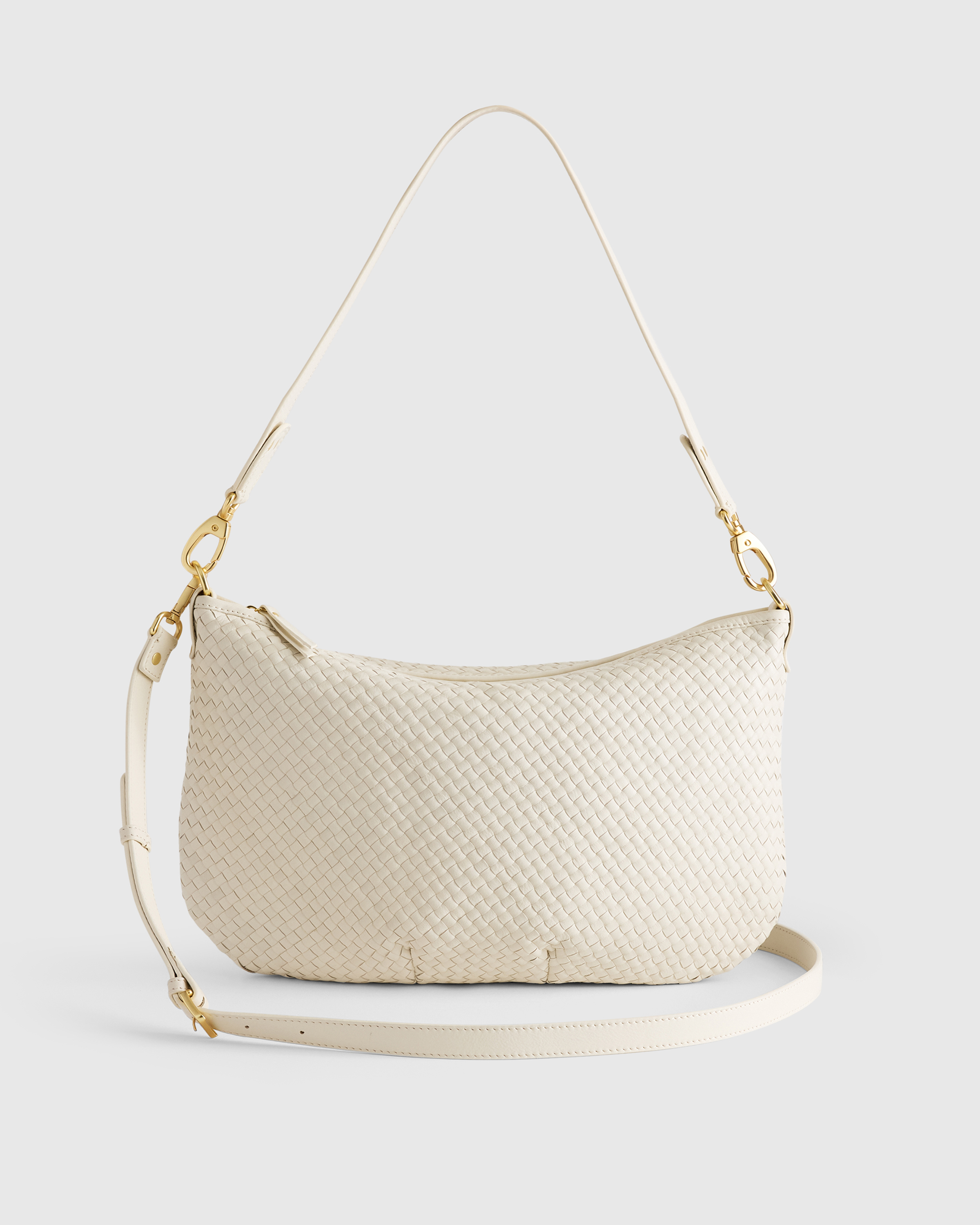 Bone Italian Leather Convertible Crescent Handwoven Shoulder Bag