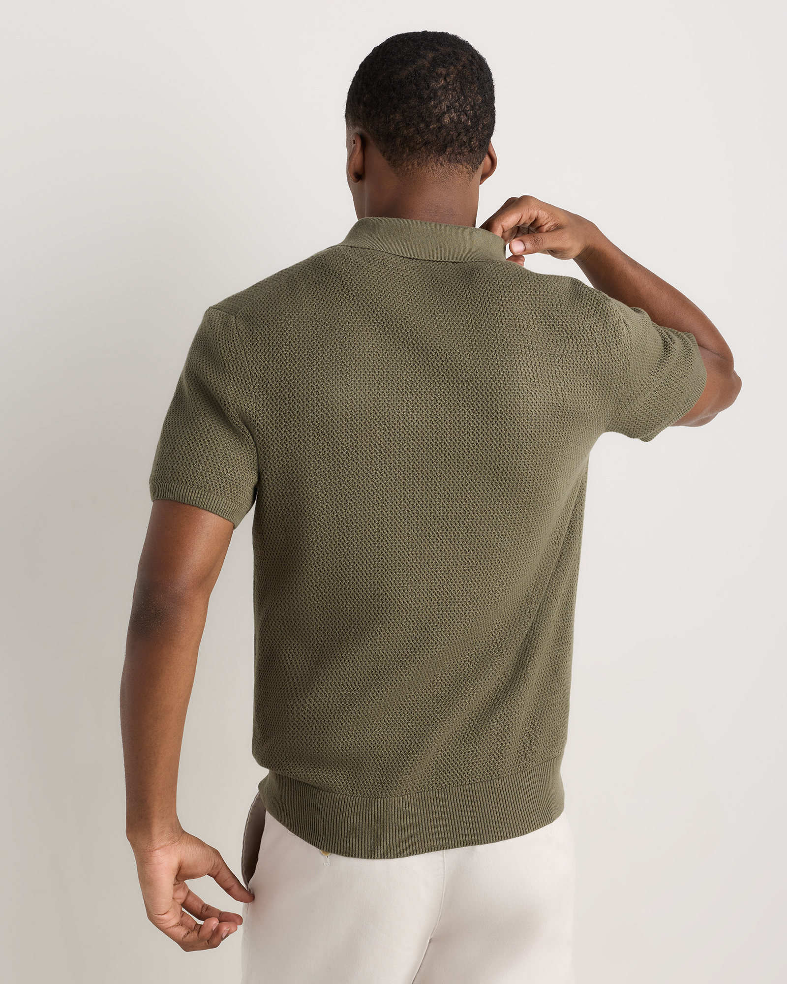 100% Organic Cotton Mesh-Stitch Button-Up Sweater Polo in Bayberry
