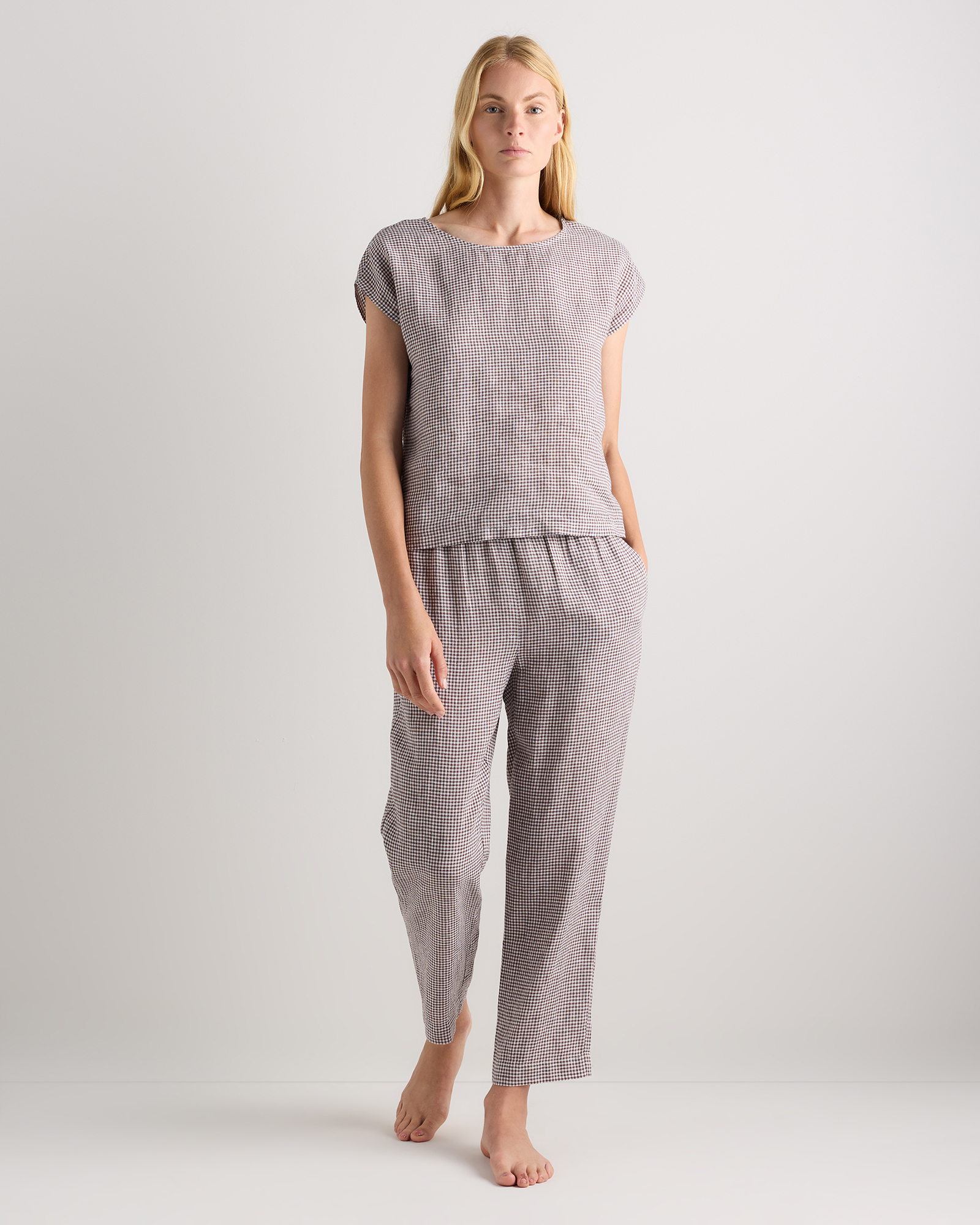 Taupe Brown Gingham 100% European Linen Pajama Set