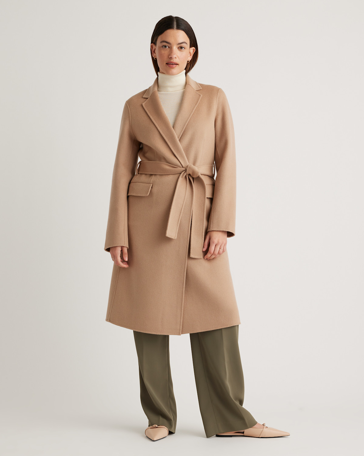 Quince 100% Mongolian Cashmere Double-Faced Wrap Coat in Camel