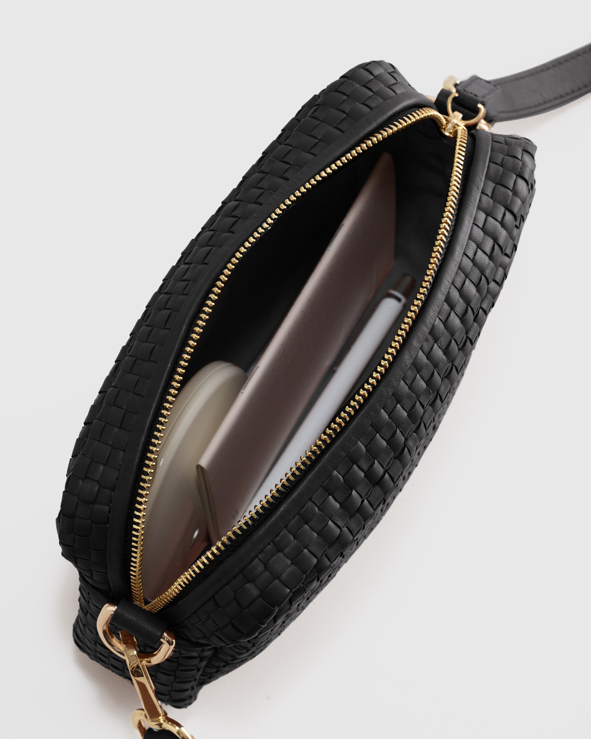 Italian Leather Woven Camera Crossbody in Black