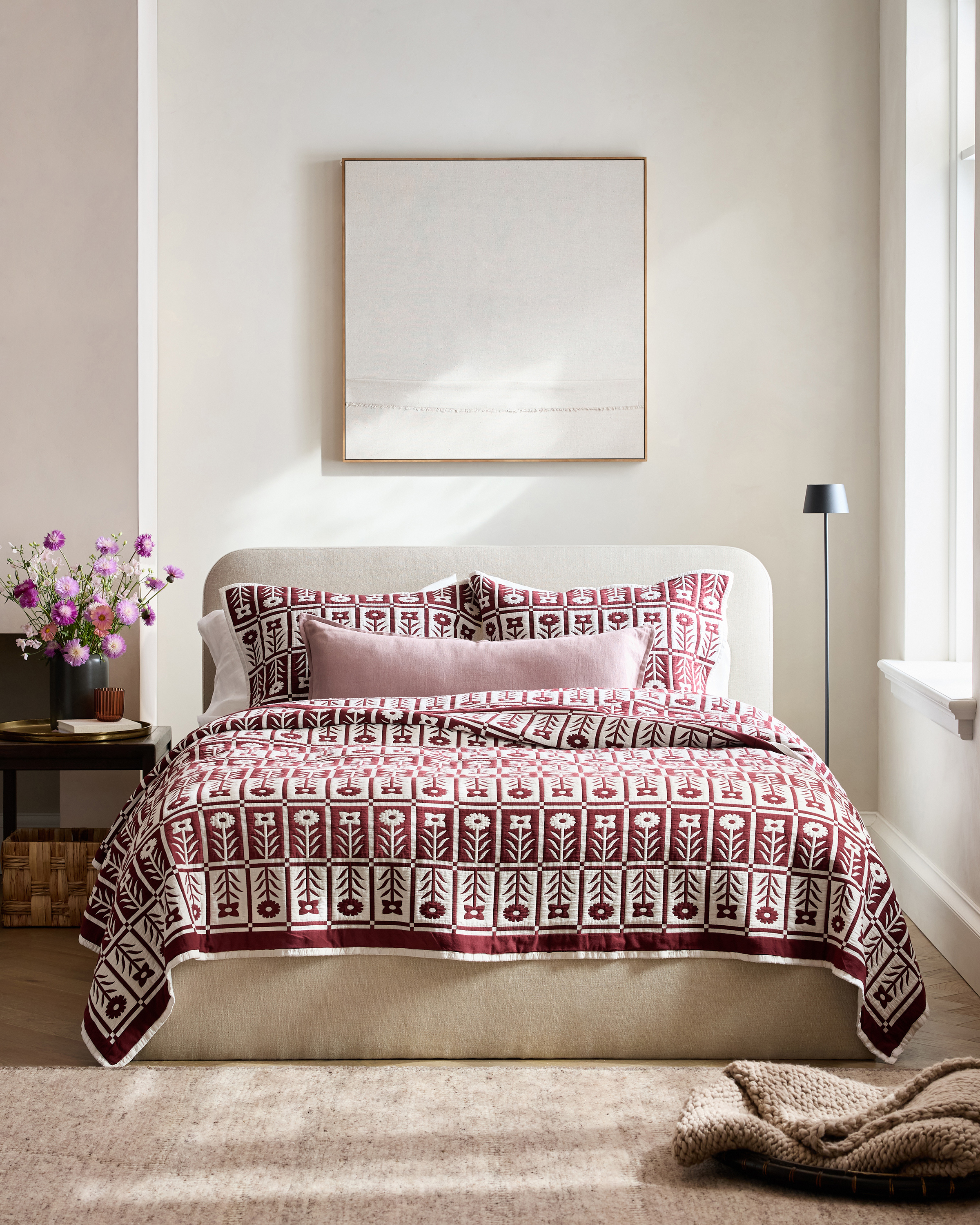 Burgundy Organic Cotton Jacquard Floral Coverlet Set