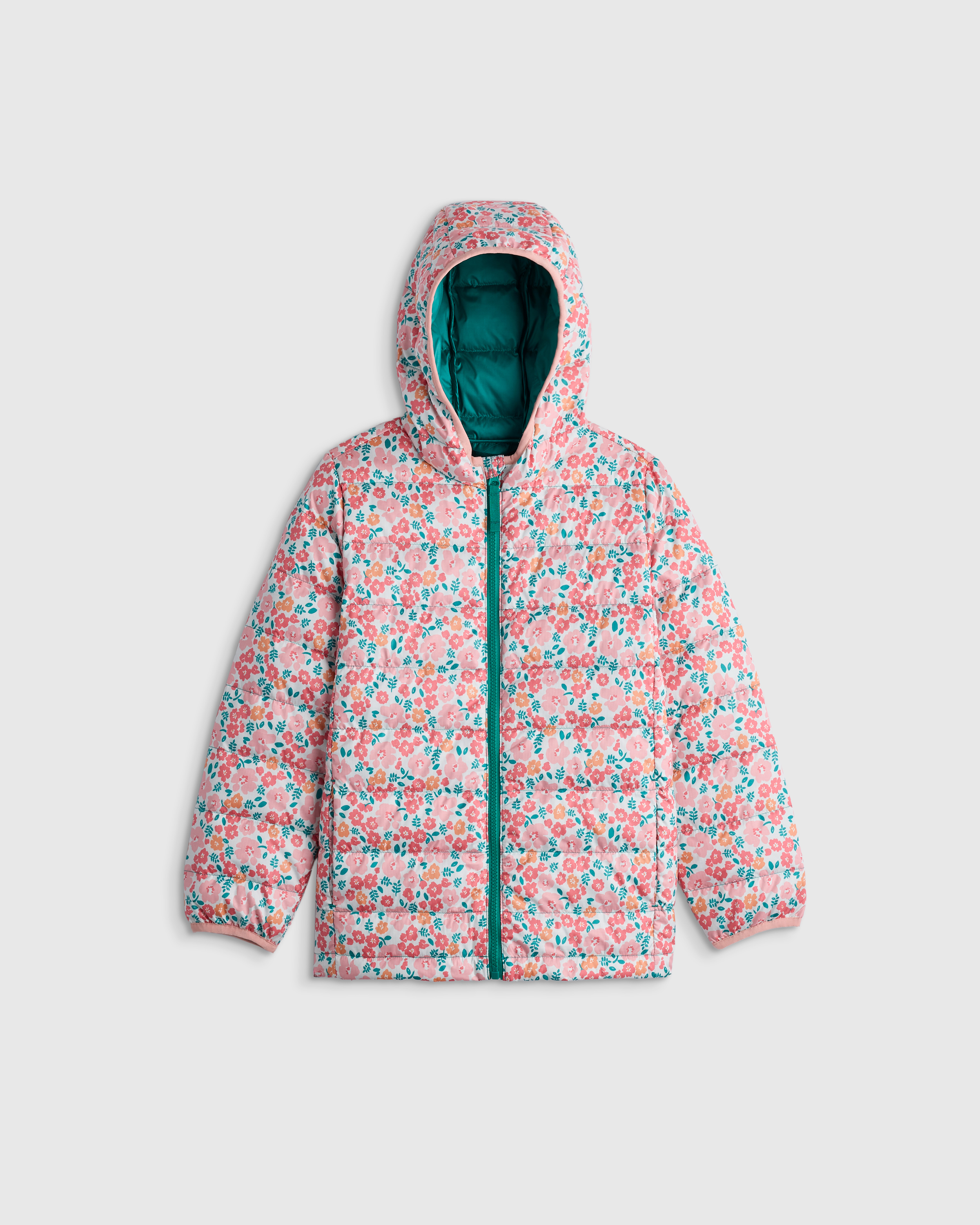 Pink/Green Floral Lightweight Down Hooded Puffer Jacket