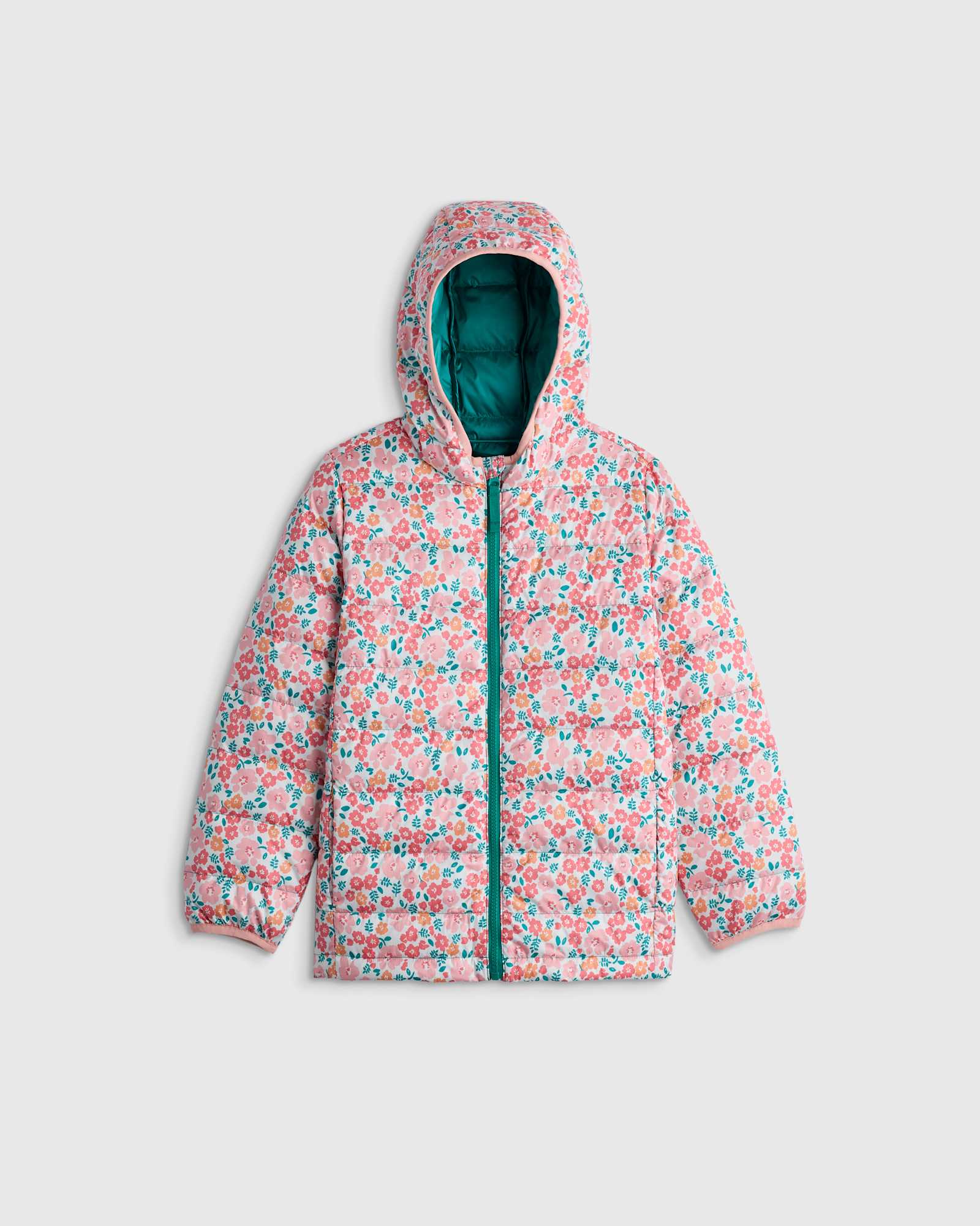 U--302 KID Lightweight Down Hooded Puffer Jacket - Kid Gender Neutral Pink-Green Floral 15578 CROPPED