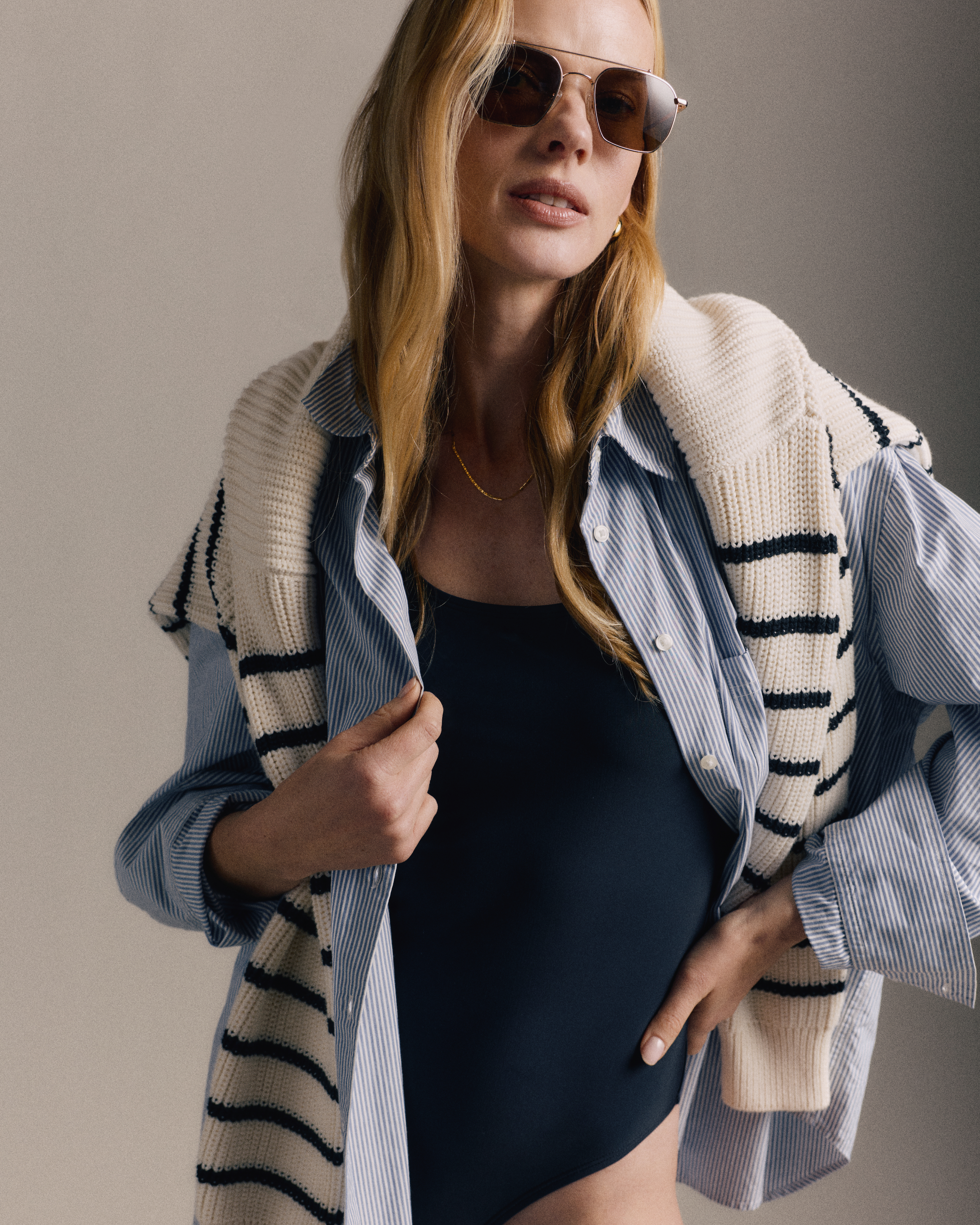 Offwhite/Black Stripe 100% Organic Cotton Fisherman Boxy Cropped Cardigan