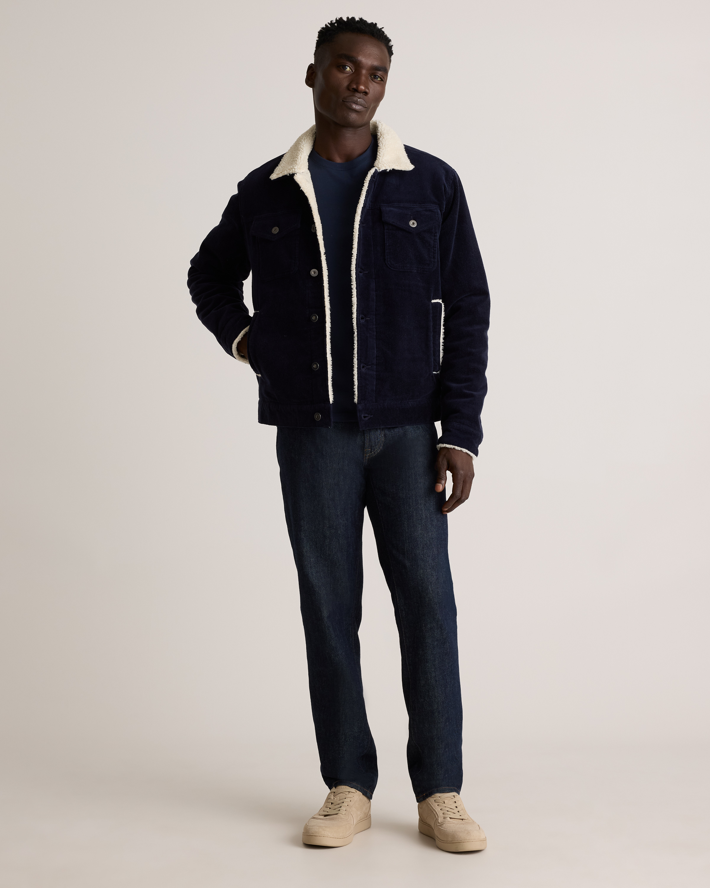 Organic Stretch Corduroy Sherpa-Lined Trucker Jacket in Deep Navy