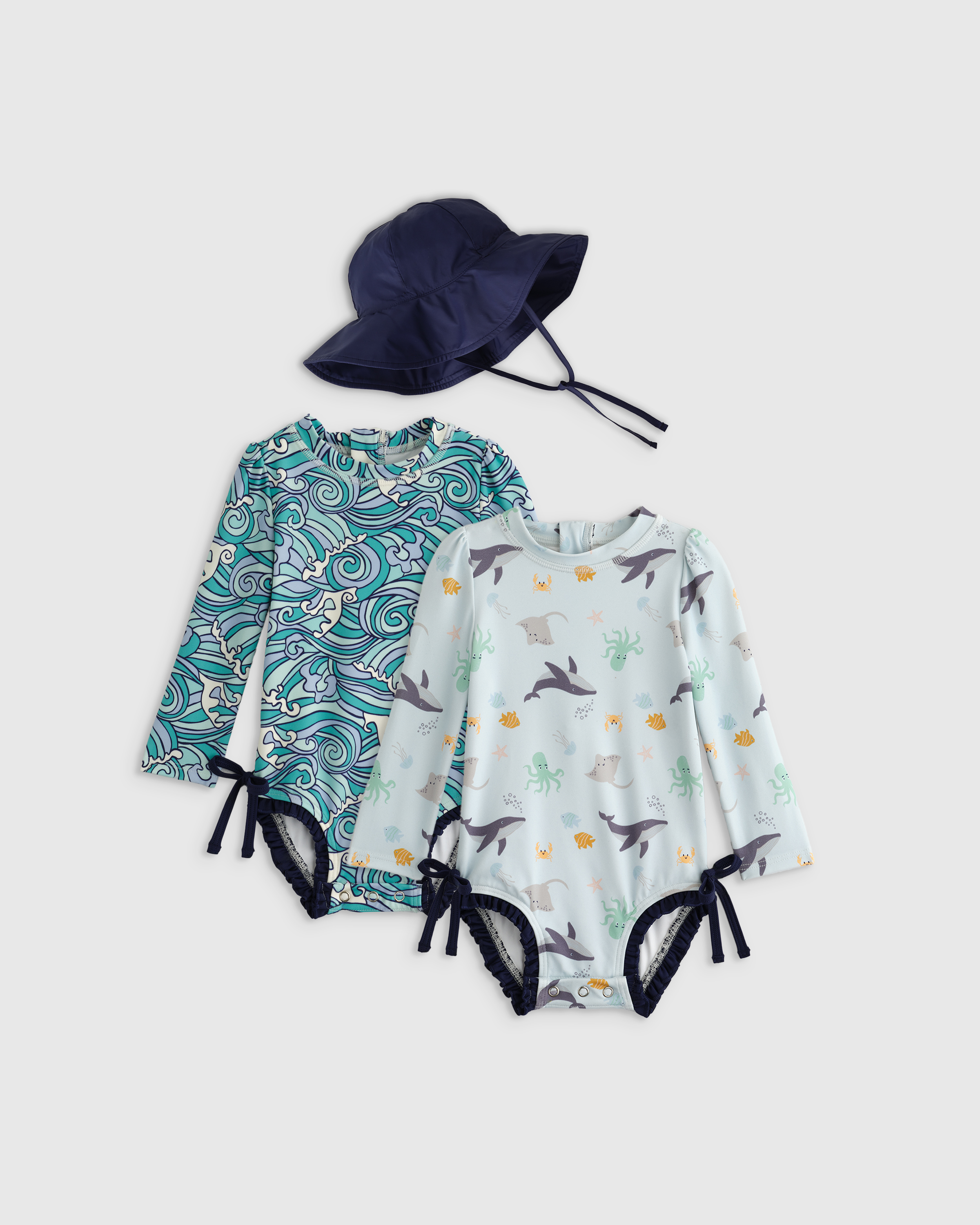 Under the Sea/Waves Sunsafe Ruffle One-Piece Rash Guard & Hat Set