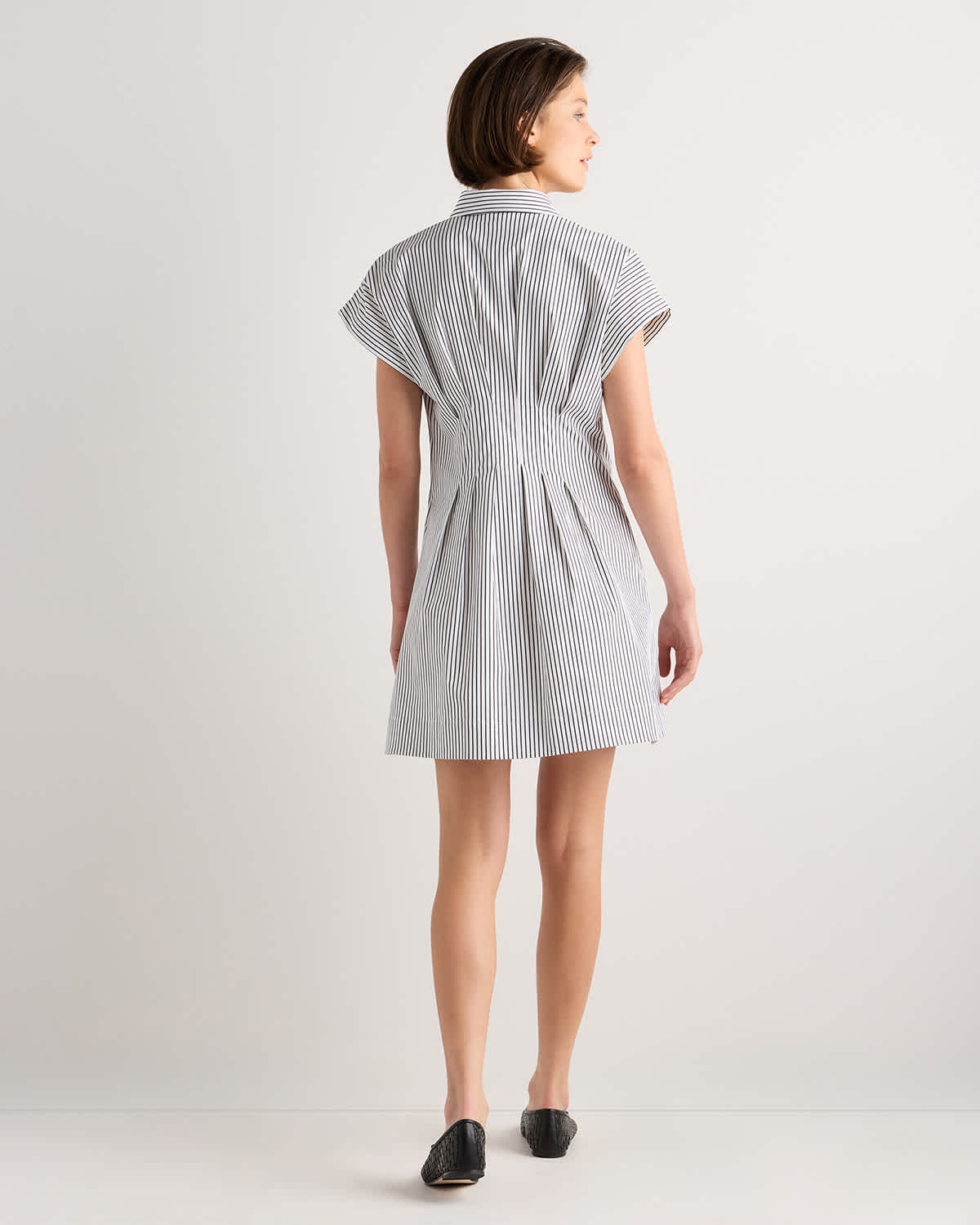 Stretch Twill Pleated Mini Shirt Dress in Steel Grey Soho Stripe Stretch Twill Pleated Mini Shirt Dress in Steel Grey Soho Stripe