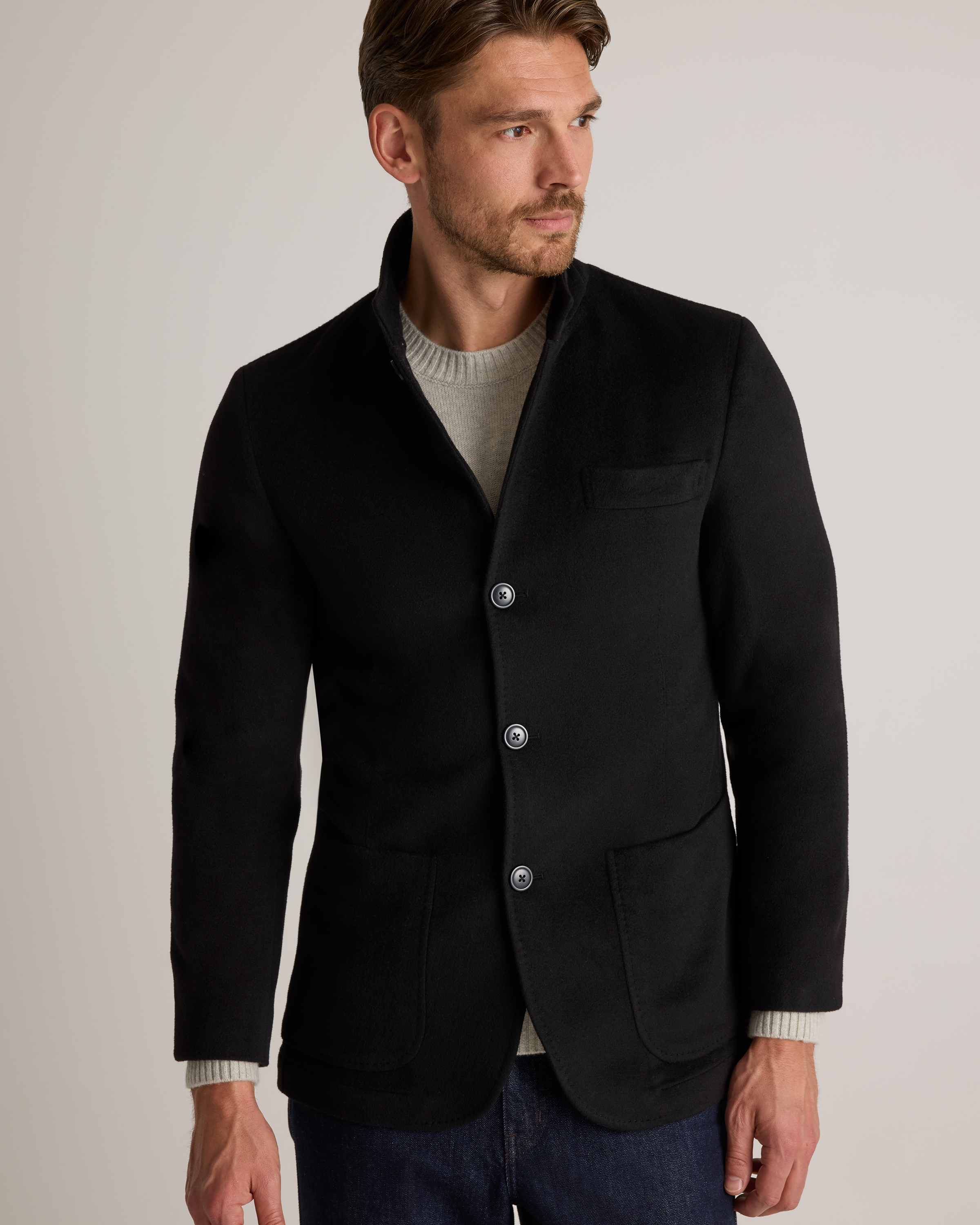 100% Mongolian Cashmere Stand Collar Blazer in Black