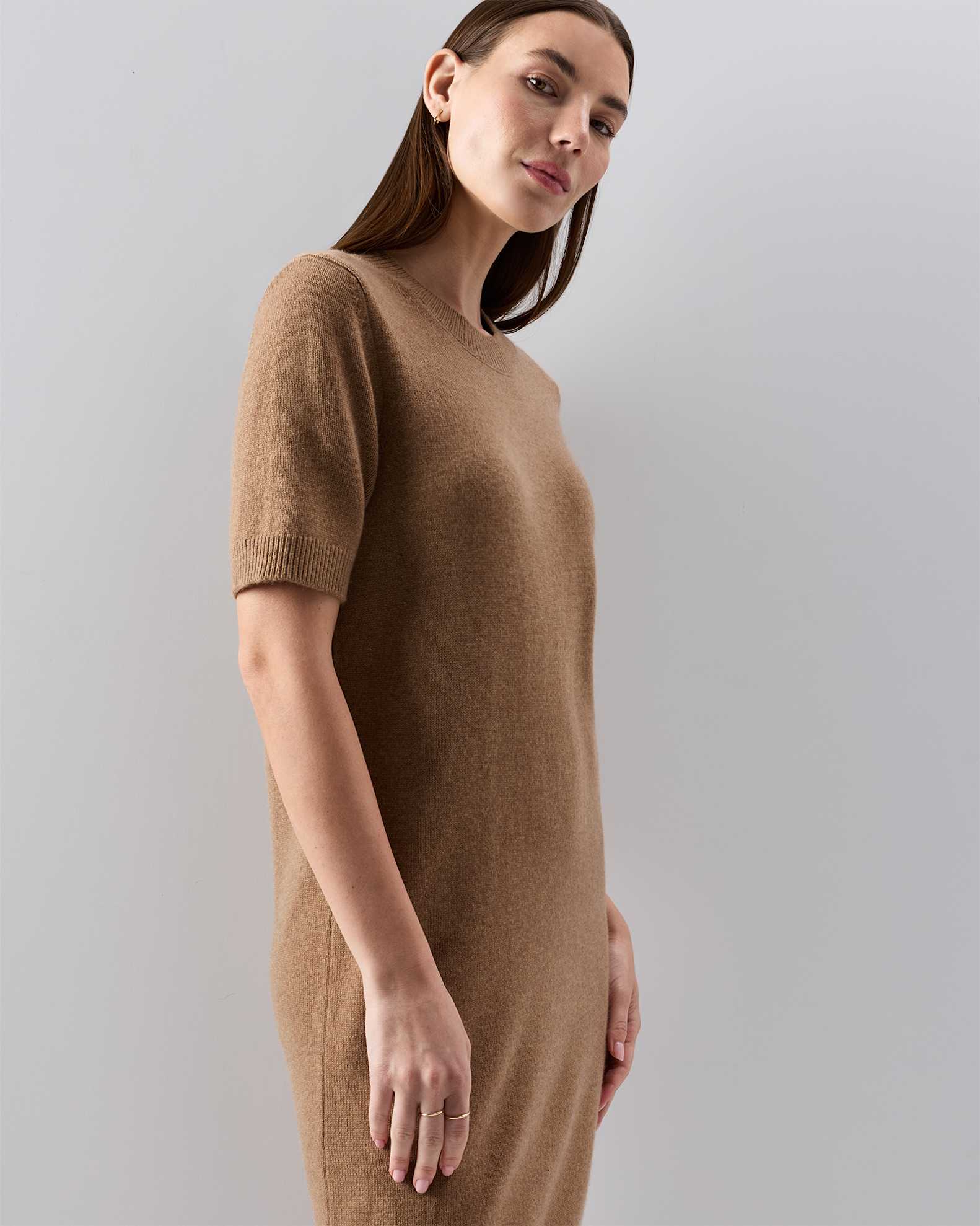 Women's Mongolian Cashmere Short Sleeve Mini Dress in Teak Brown, Size Small by Quince Women's Mongolian Cashmere Short Sleeve Mini Dress in Teak Brown, Size Small by Quince