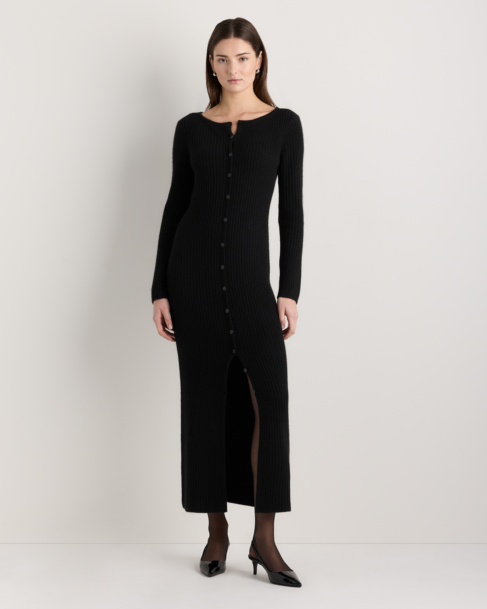 Black 100% Yak Wool Ribbed Cardigan Sweater Dress