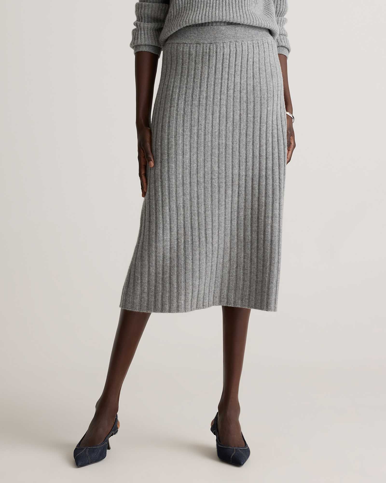 Heather Grey Mongolian Cashmere Midi Ribbed Skirt