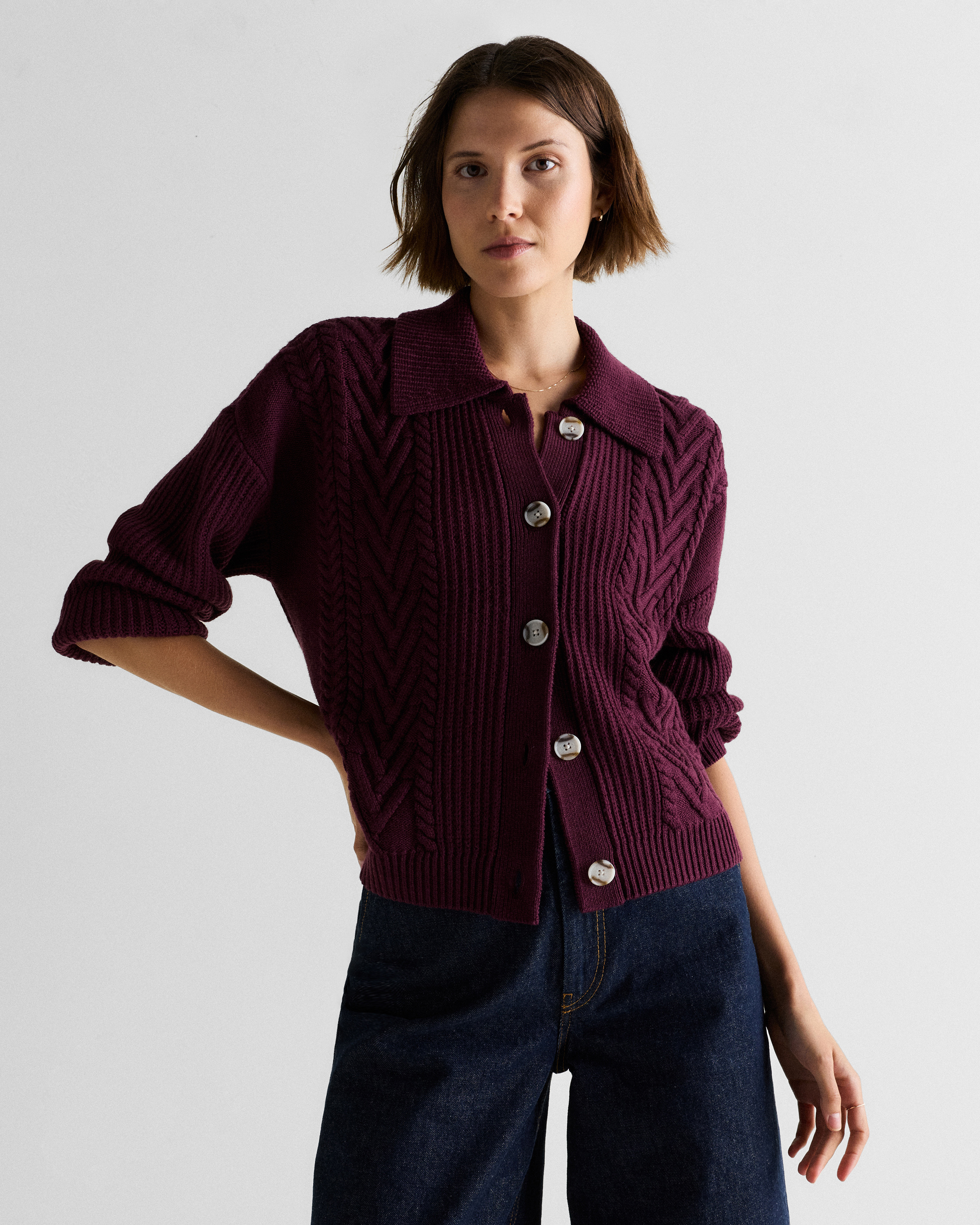 Barolo Burgundy Australian Merino Wool Collared Cable Cardigan