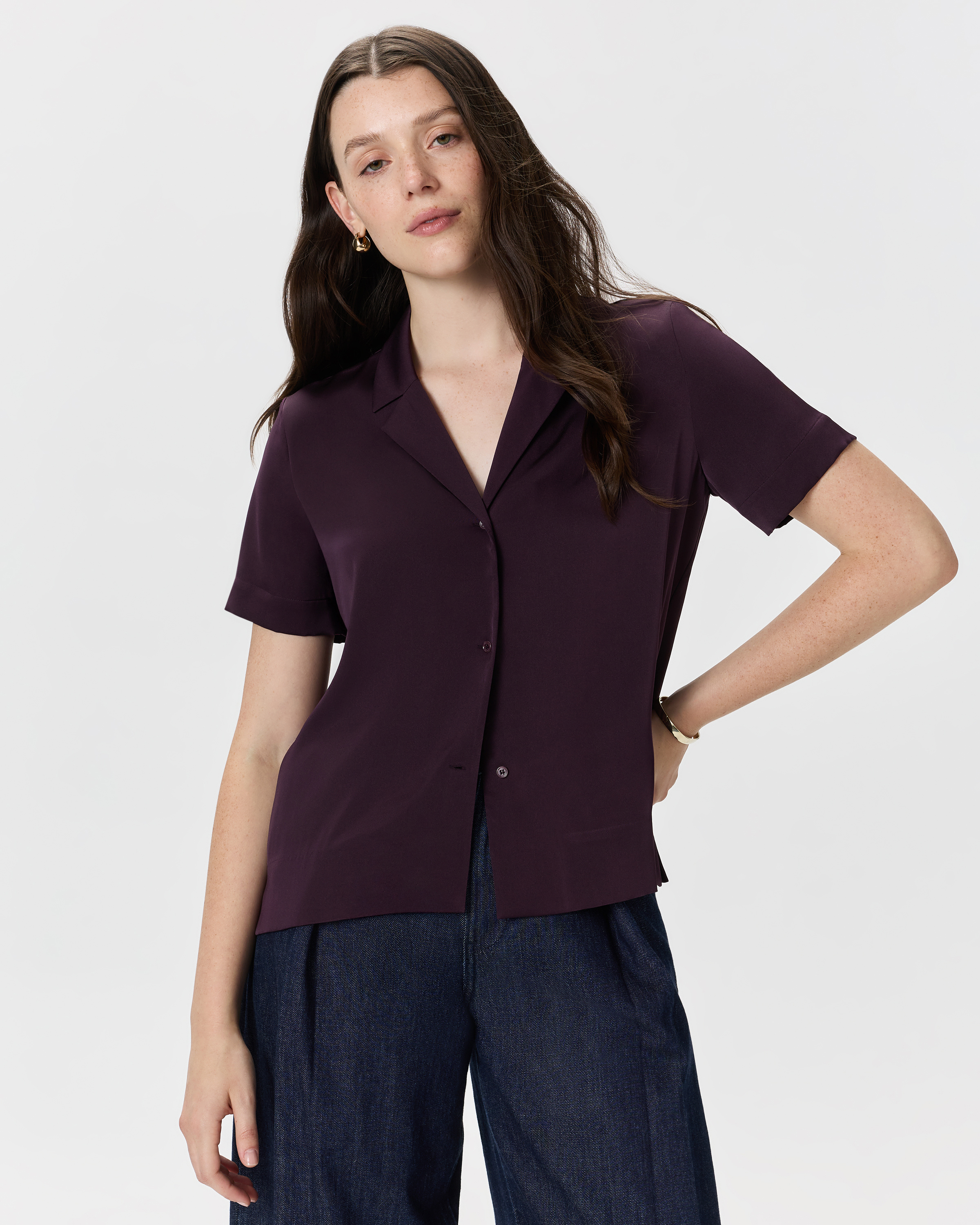 Deep Orchid Purple Washable Stretch Silk Short Sleeve Notch Collar Blouse