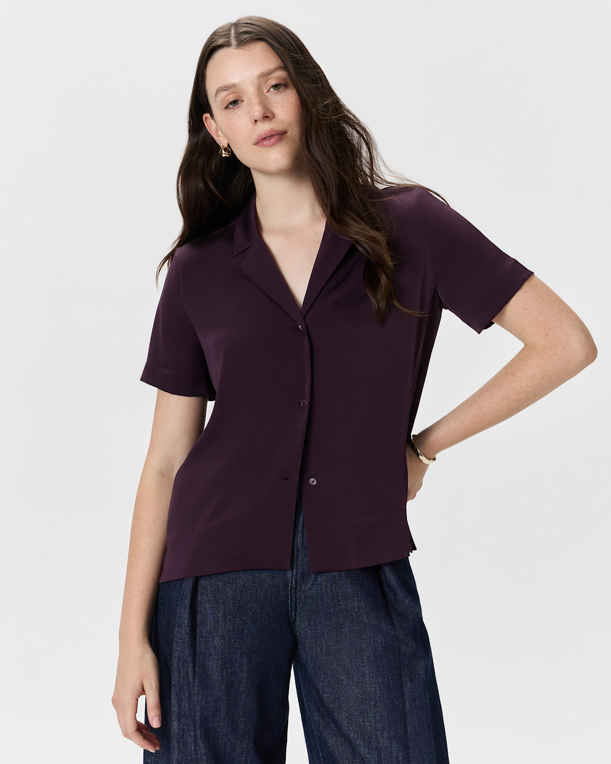 Quince Washable Stretch Silk Short Sleeve Notch Collar Blouse in Deep Orchid Purple