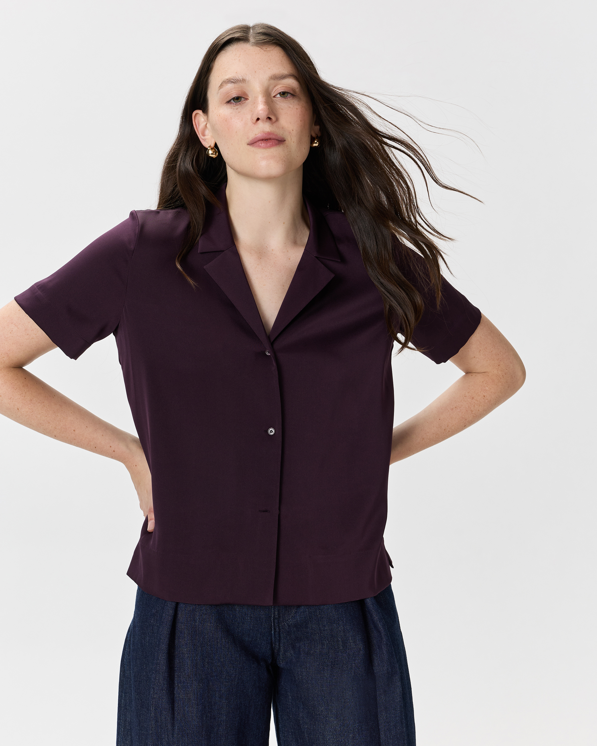 Quince Women's Washable Stretch Silk Short Sleeve Notch Collar Blouse