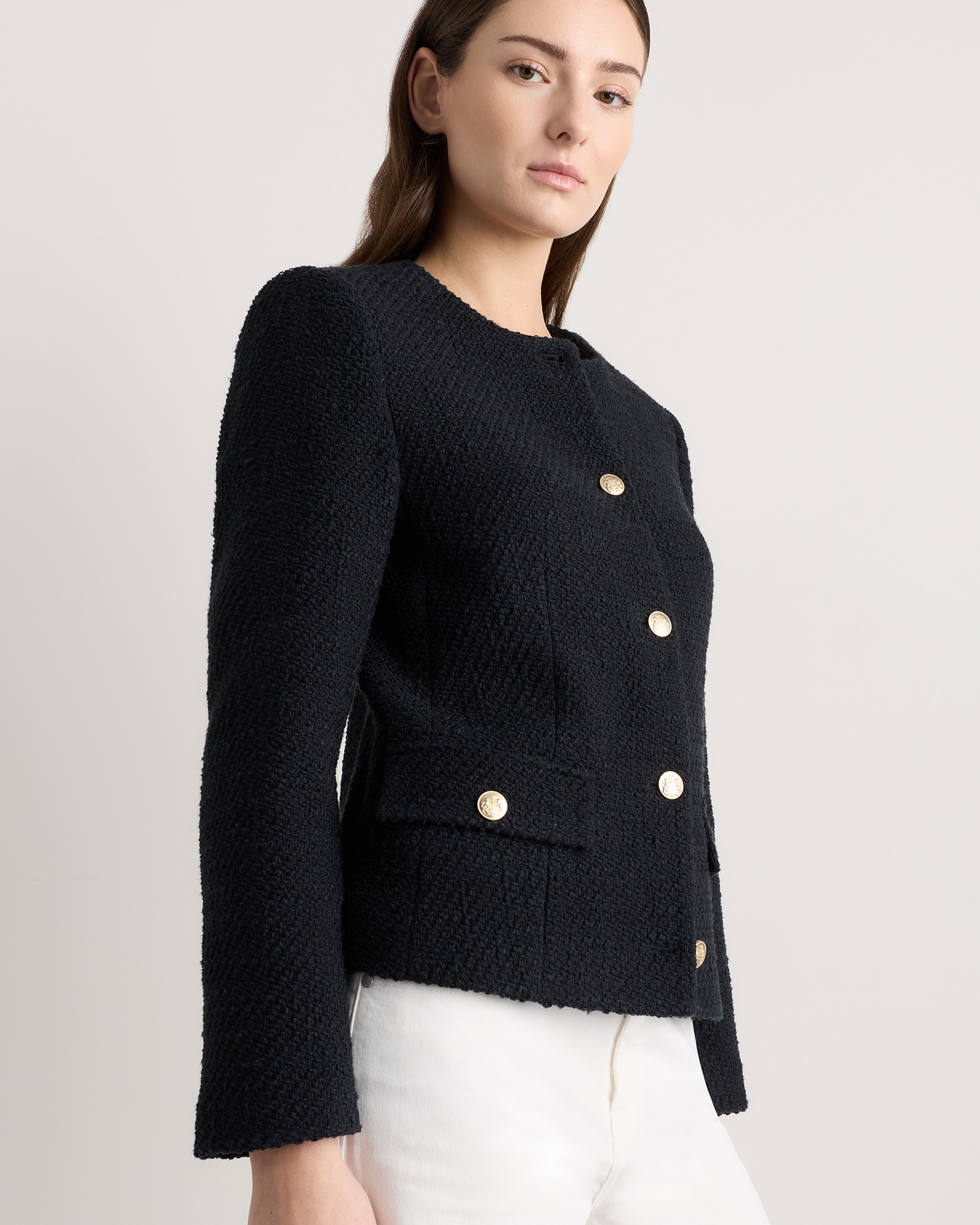 Tweed Collarless Jacket in True Black