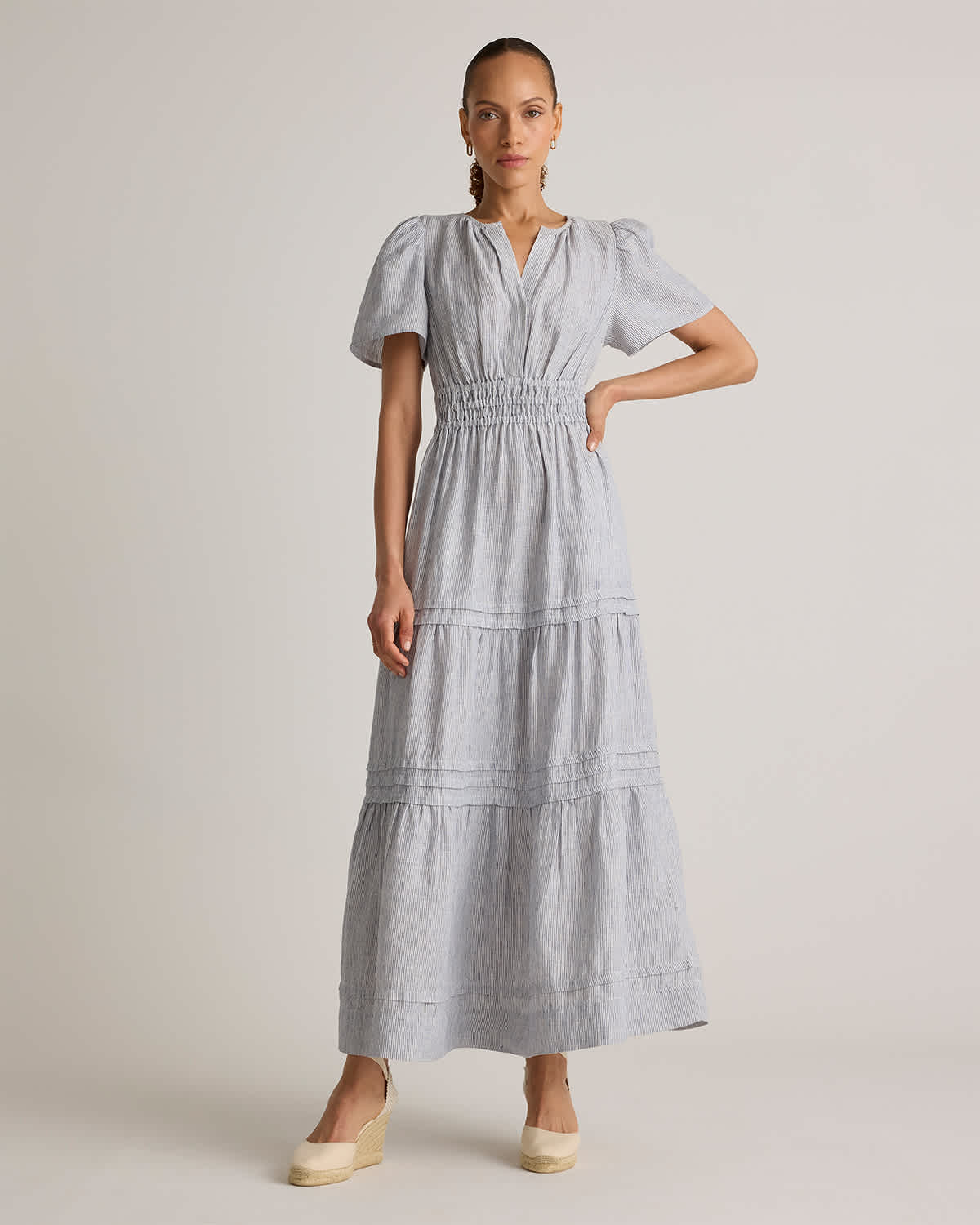 100% European Linen Tiered Maxi Dress in Blue Pinstripe 100% European Linen Tiered Maxi Dress in Blue Pinstripe