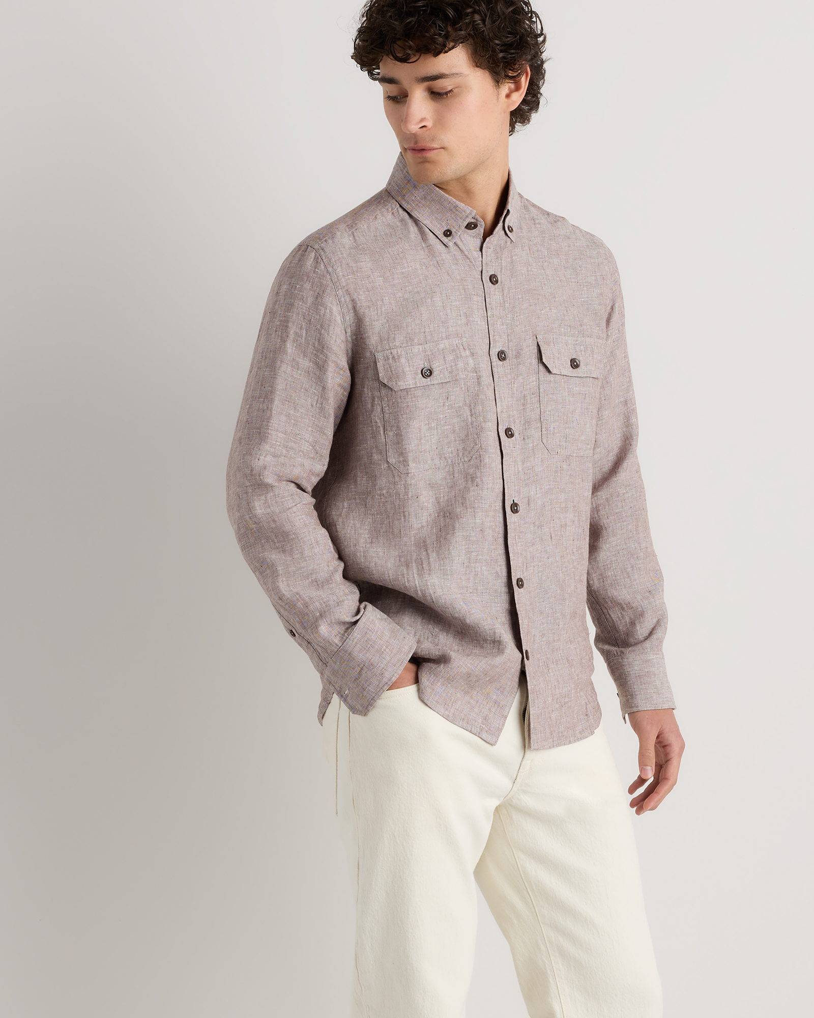 Taupe Brown Chambray 100% European Linen Utility Shirt