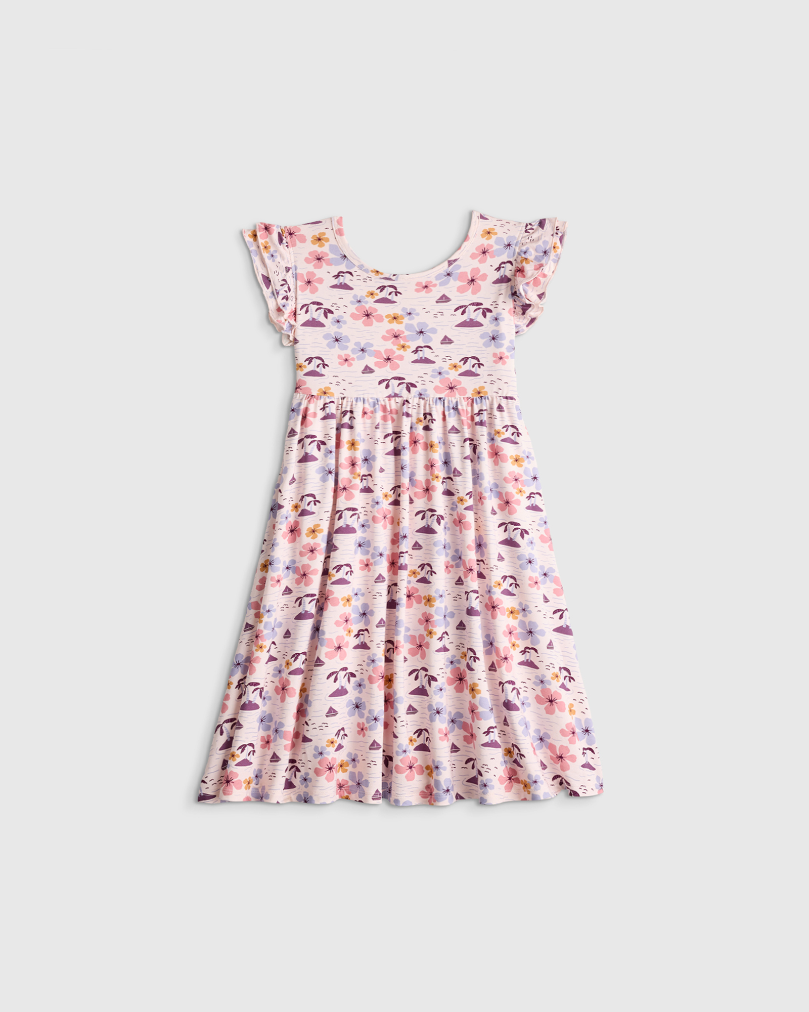 Tropical Scenic Bamboo Short Sleeve Flutter Twirl Dress