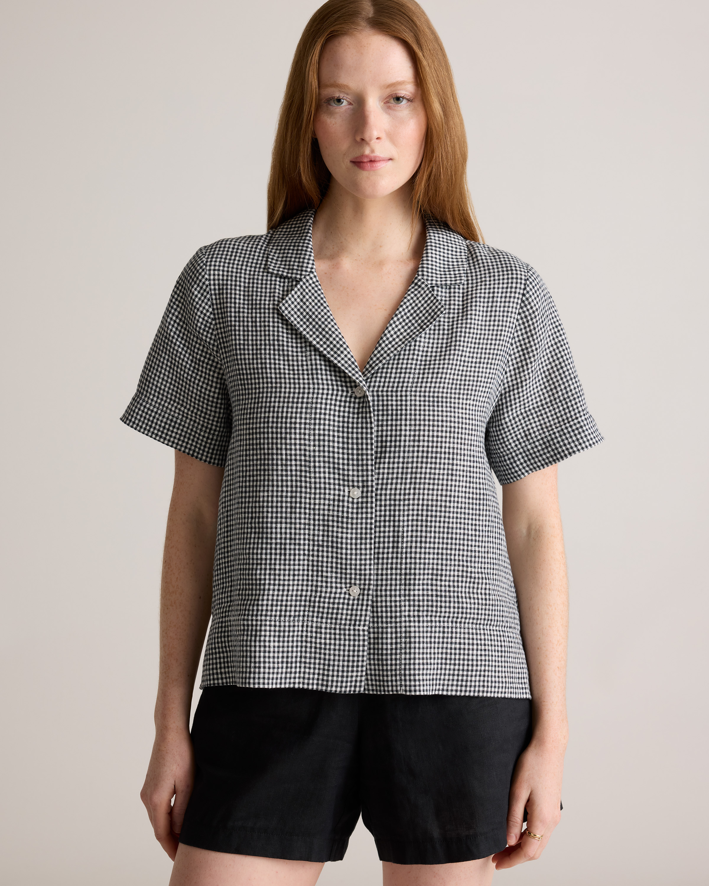100% European Linen Short Sleeve Shirt in Classic Mini Gingham