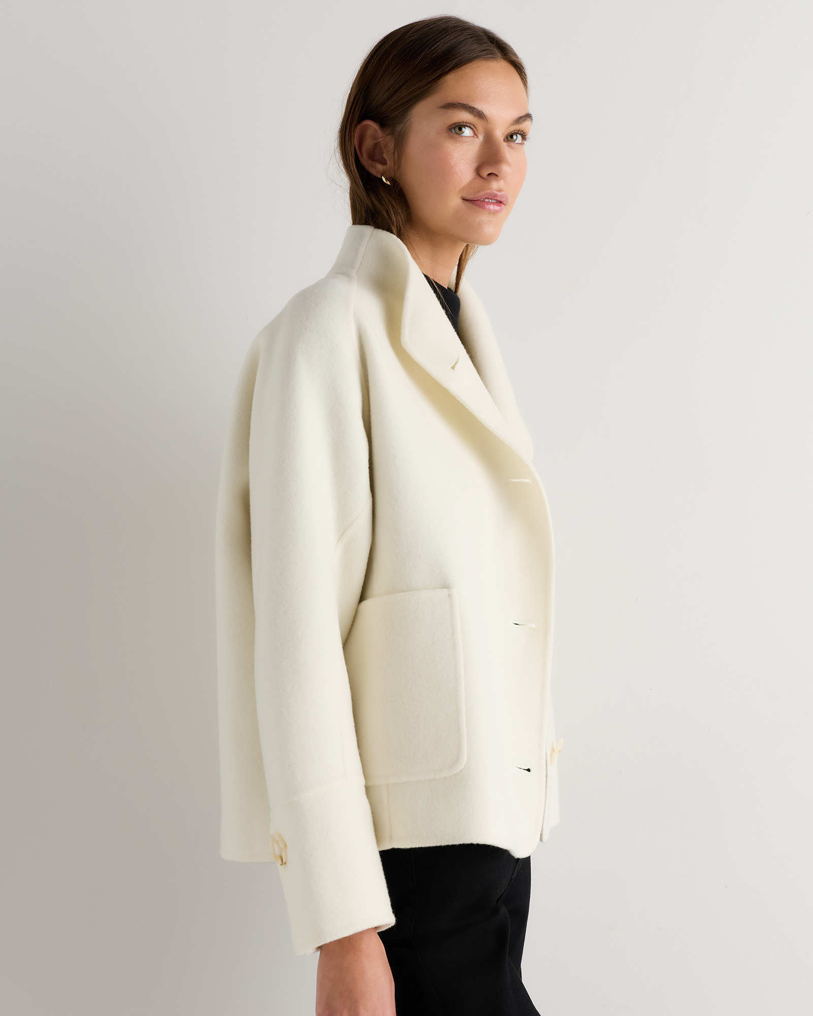 Double-Faced Merino Wool Funnel Neck Jacket in Rich Creme Ivory