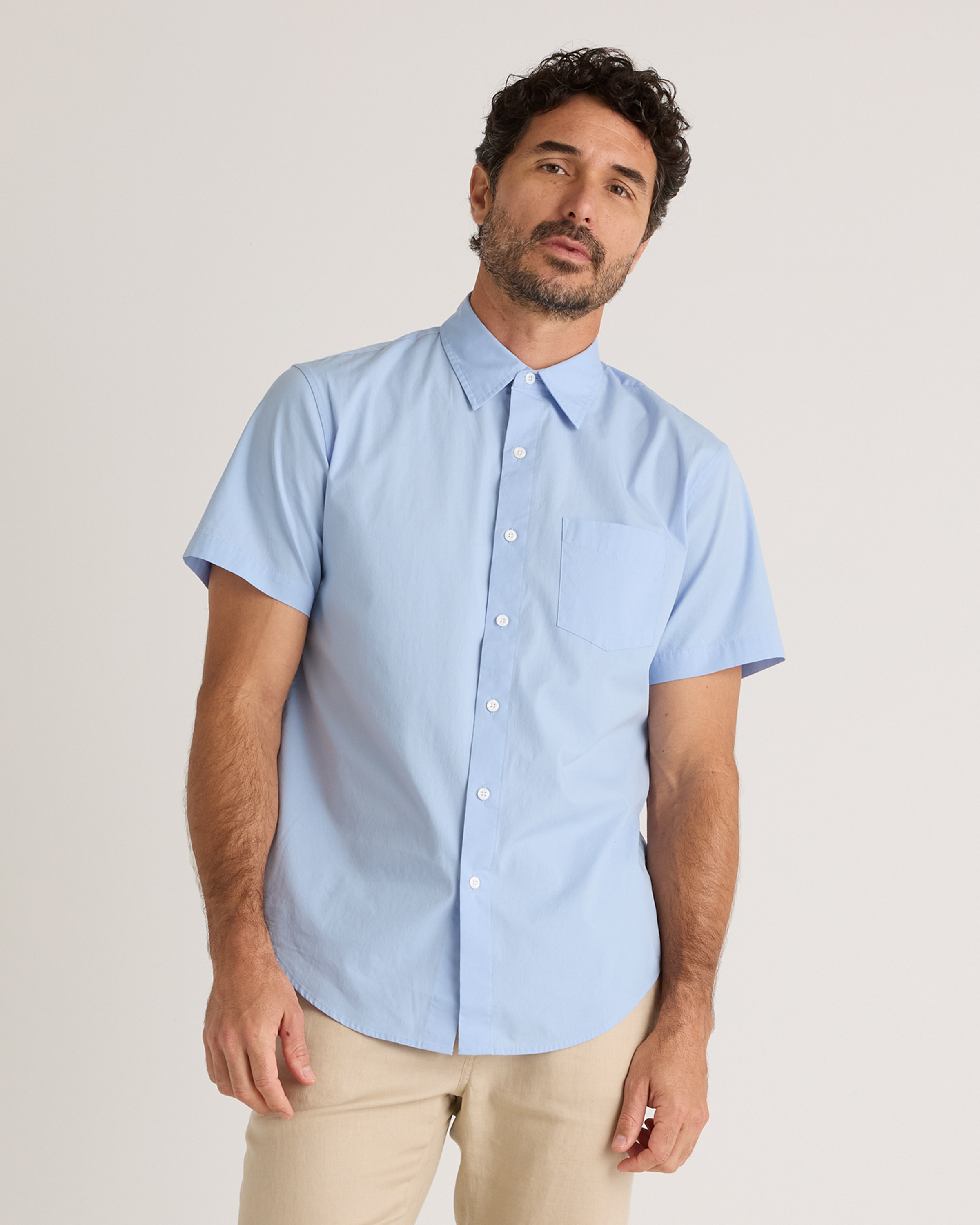 Light Blue Organic Cotton Stretch Poplin Short Sleeve Shirt