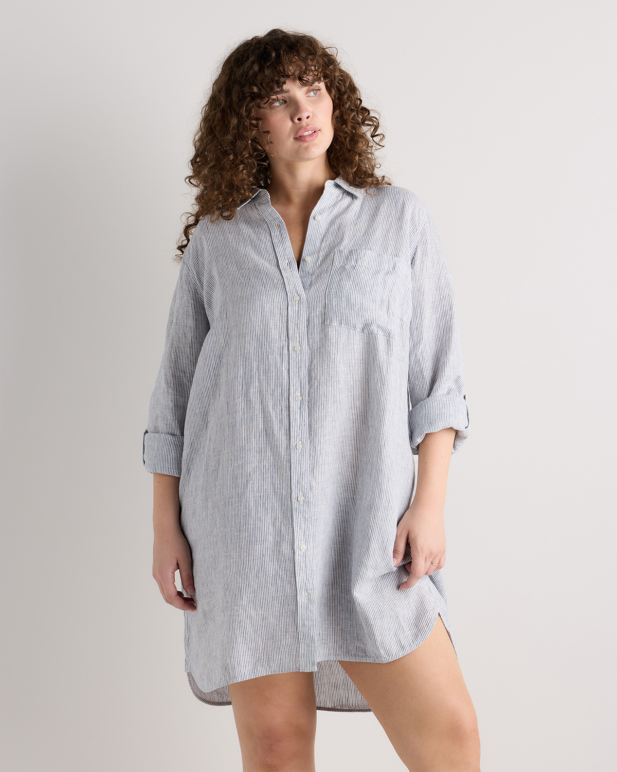 Blue Pinstripe 100% European Linen Shirt Dress