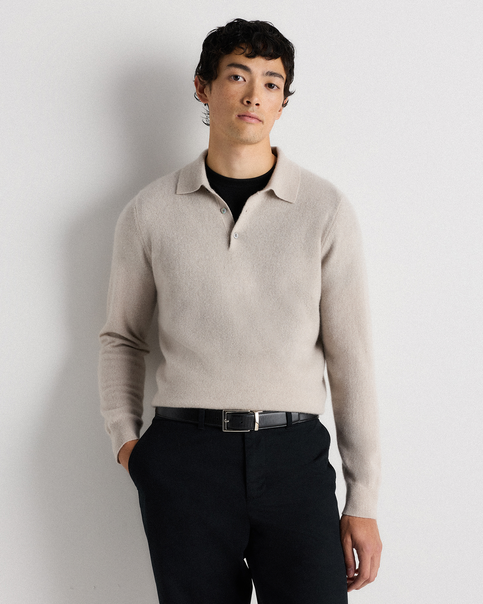 Heather Cloud Beige Mongolian Cashmere Polo Sweater