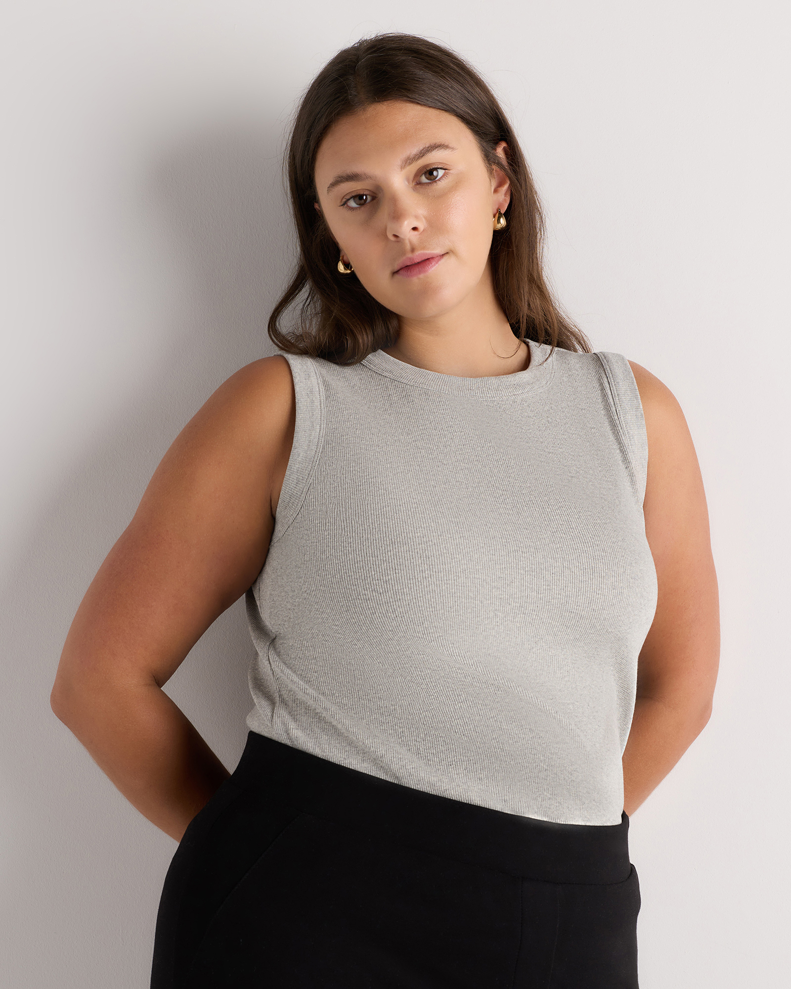 Heather Grey Débardeur à découpes en coton biologique à micro-côtes pour femmes grande taille