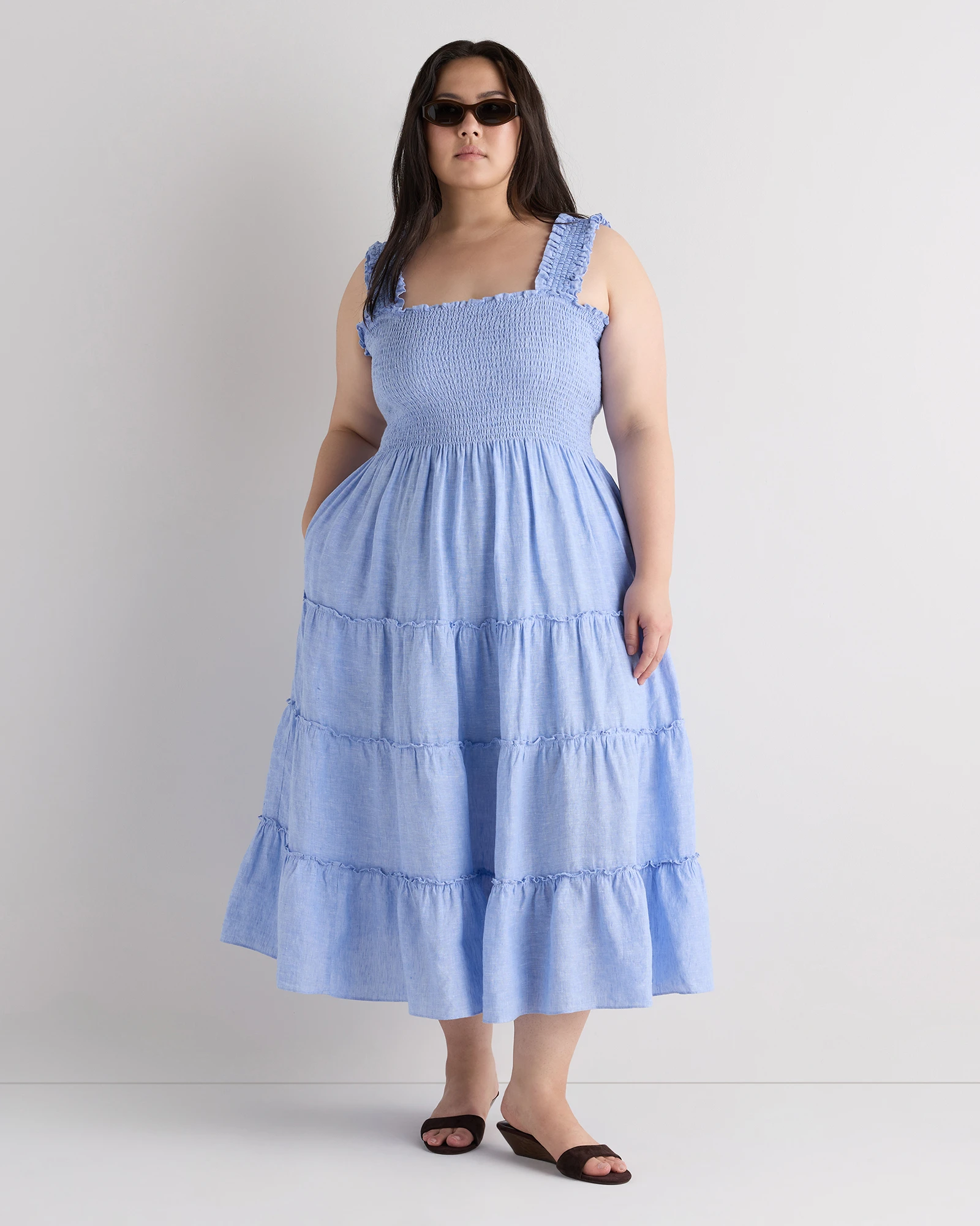 Women's Plus Size 100% European Linen Smocked Midi Dress