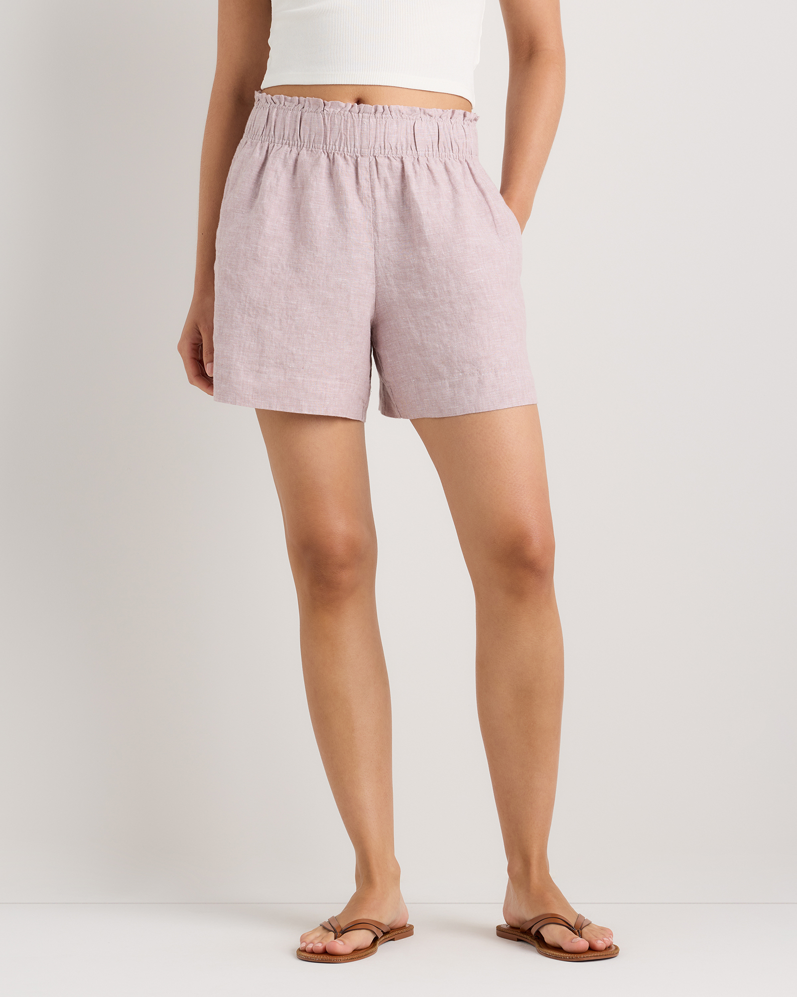 Vintage Pink Chambray 100% European Linen High Waisted Shorts