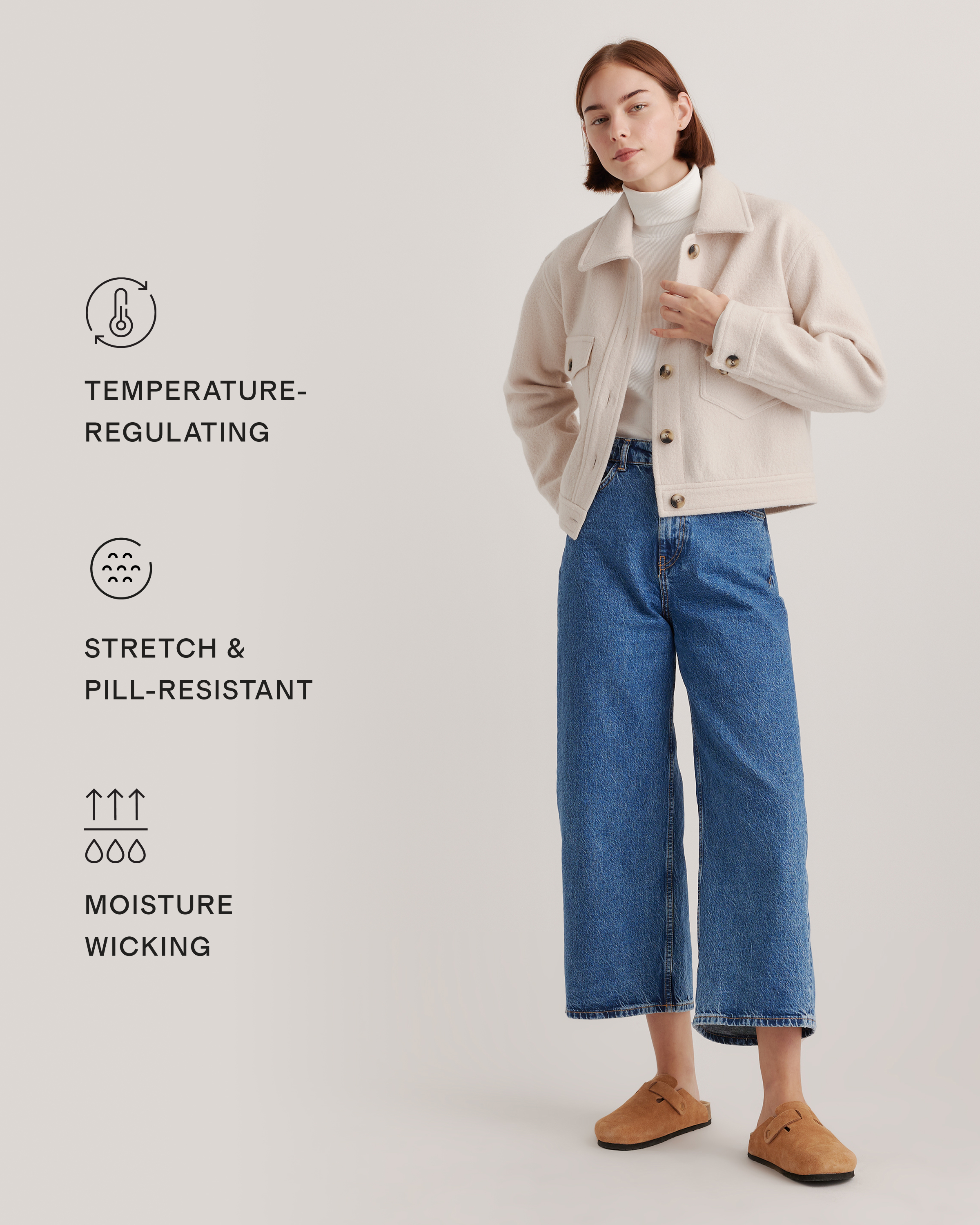 100% Merino Wool Cropped Shirt Jacket in Heather Bone