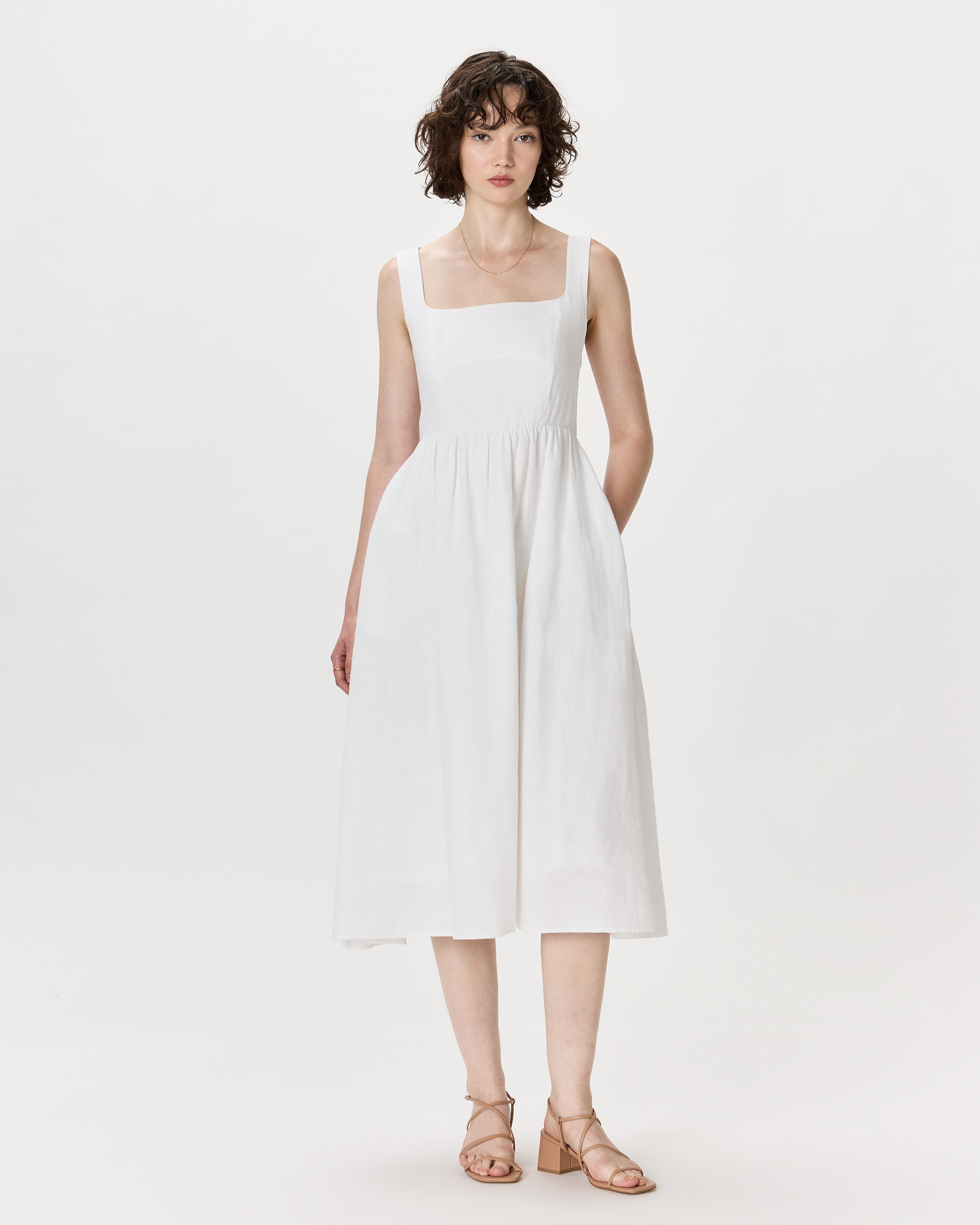 White 100% European Linen Fit & Flare Midi Dress