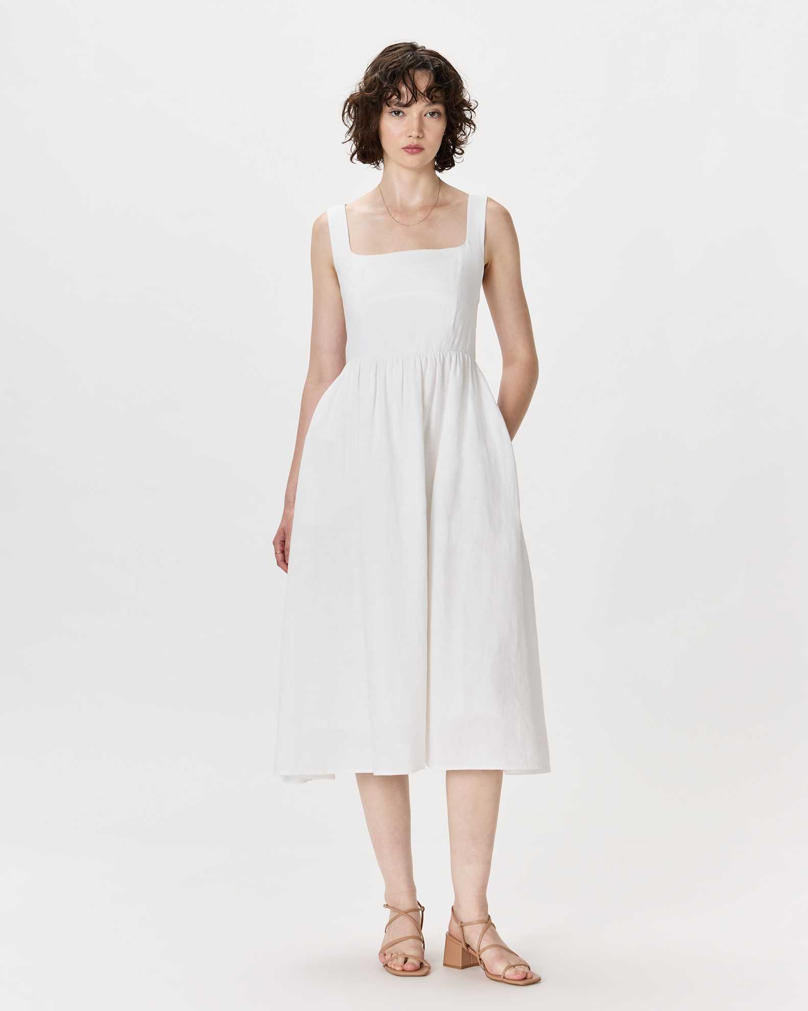 100% European Linen Fit & Flare Midi Dress in White 100% European Linen Fit & Flare Midi Dress in White