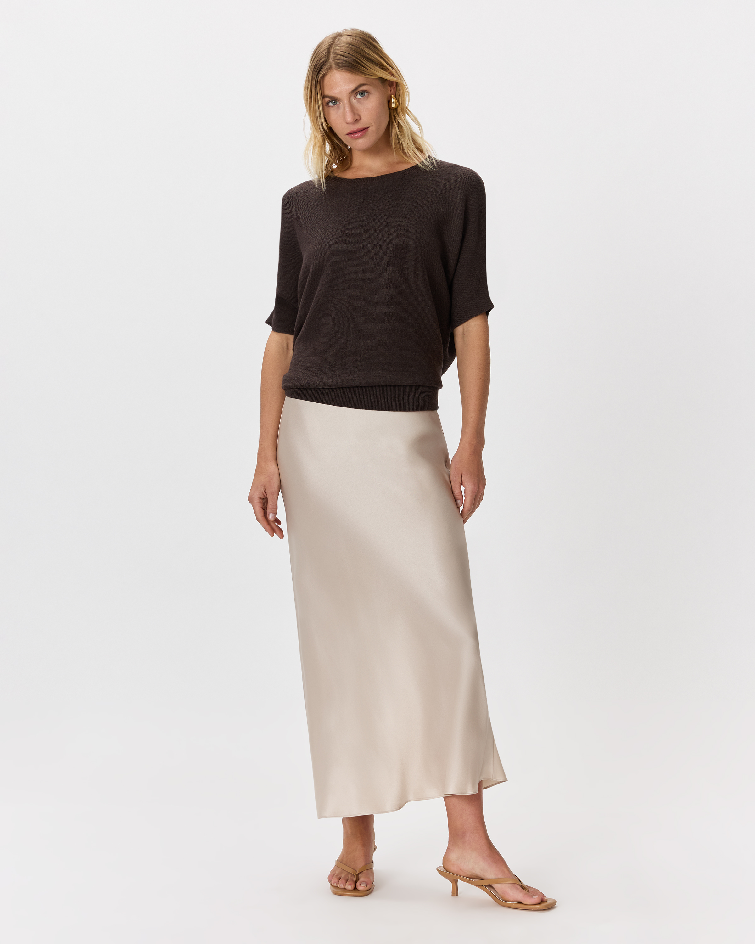 Lightweight Cotton Cashmere Link-Stitch Dolman Sweater in Mocha