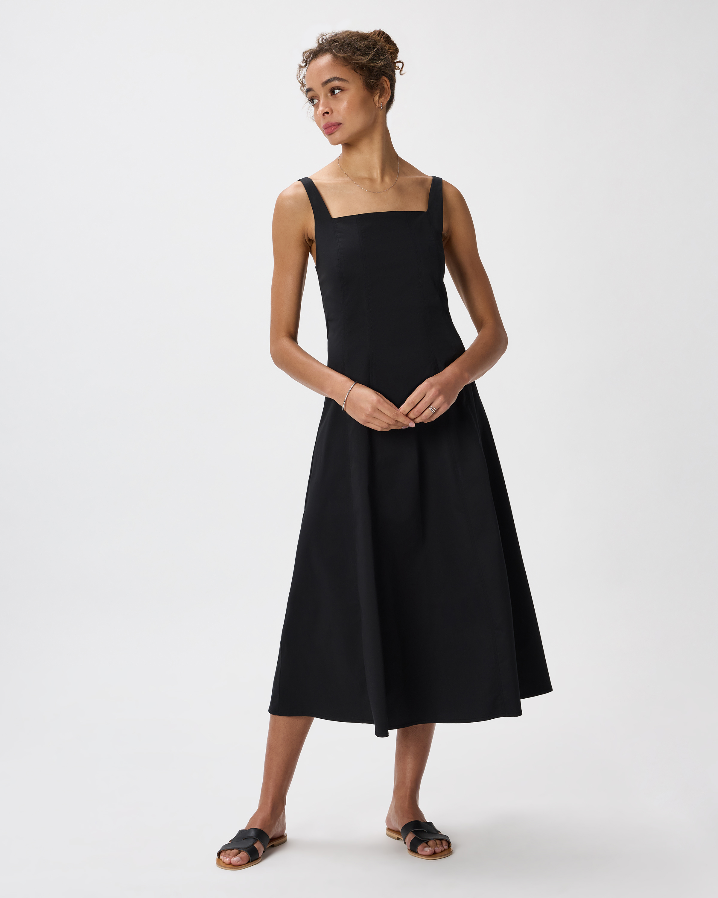 True Black Stretch Twill Fit & Flare Midi Dress