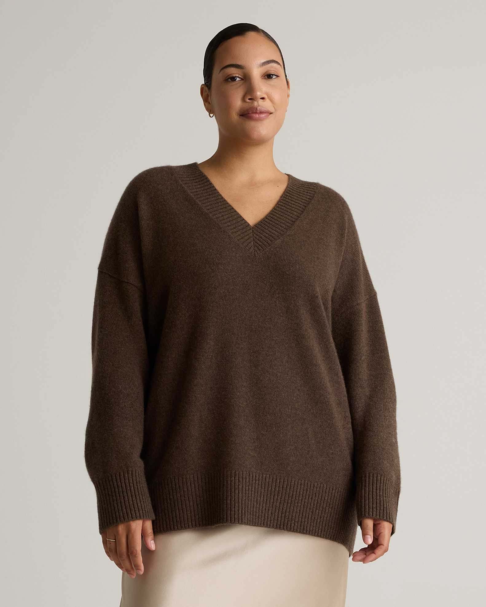 Mongolian Cashmere Oversized V-Neck Sweater in Brown
